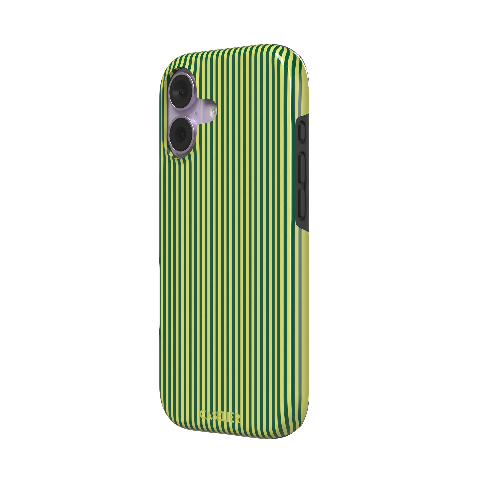 Pinstripe phone case in deep forest green and lime yellow vertical stripes, phone case by Caselier — tough case, right view | Caselier