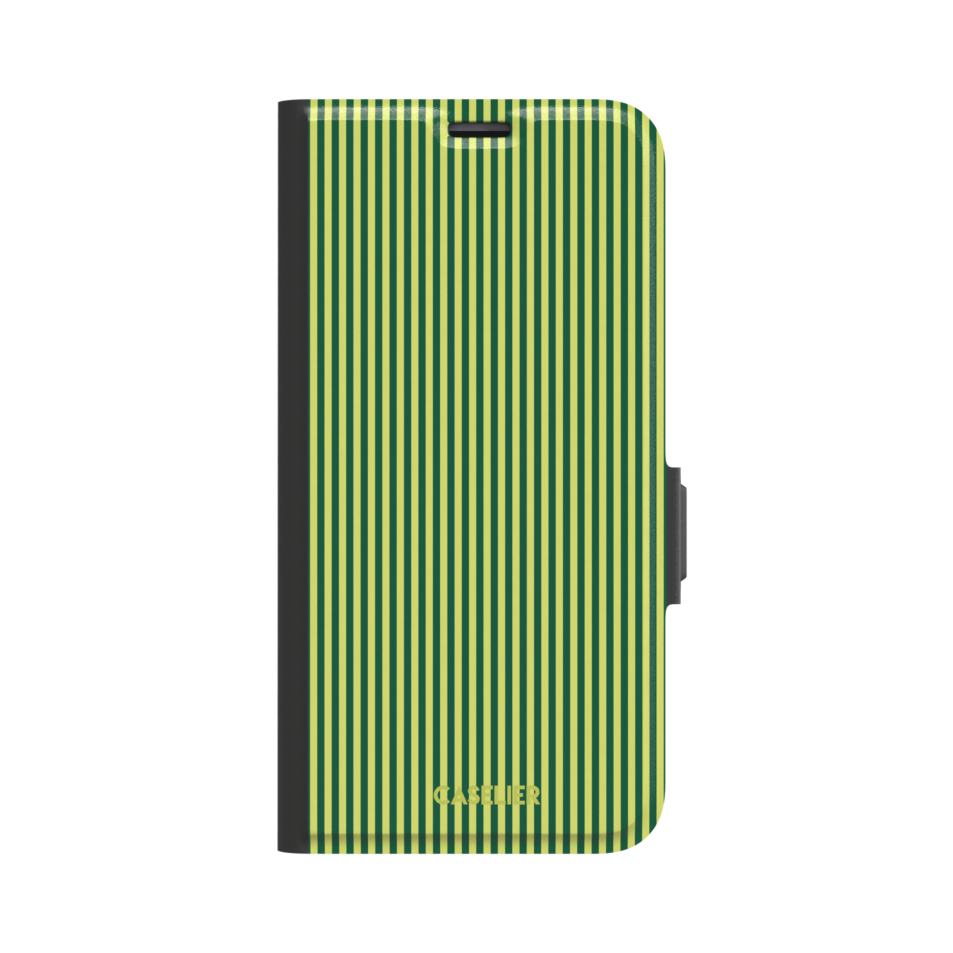 Pinstripe phone case in deep forest green and lime yellow vertical stripes, phone case by Caselier — wallet case, front view | Caselier