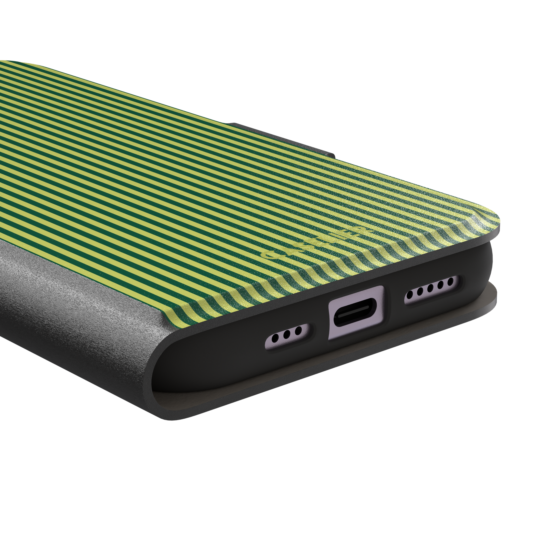 Pinstripe phone case in deep forest green and lime yellow vertical stripes, phone case by Caselier — wallet case, charging port detail | Caselier