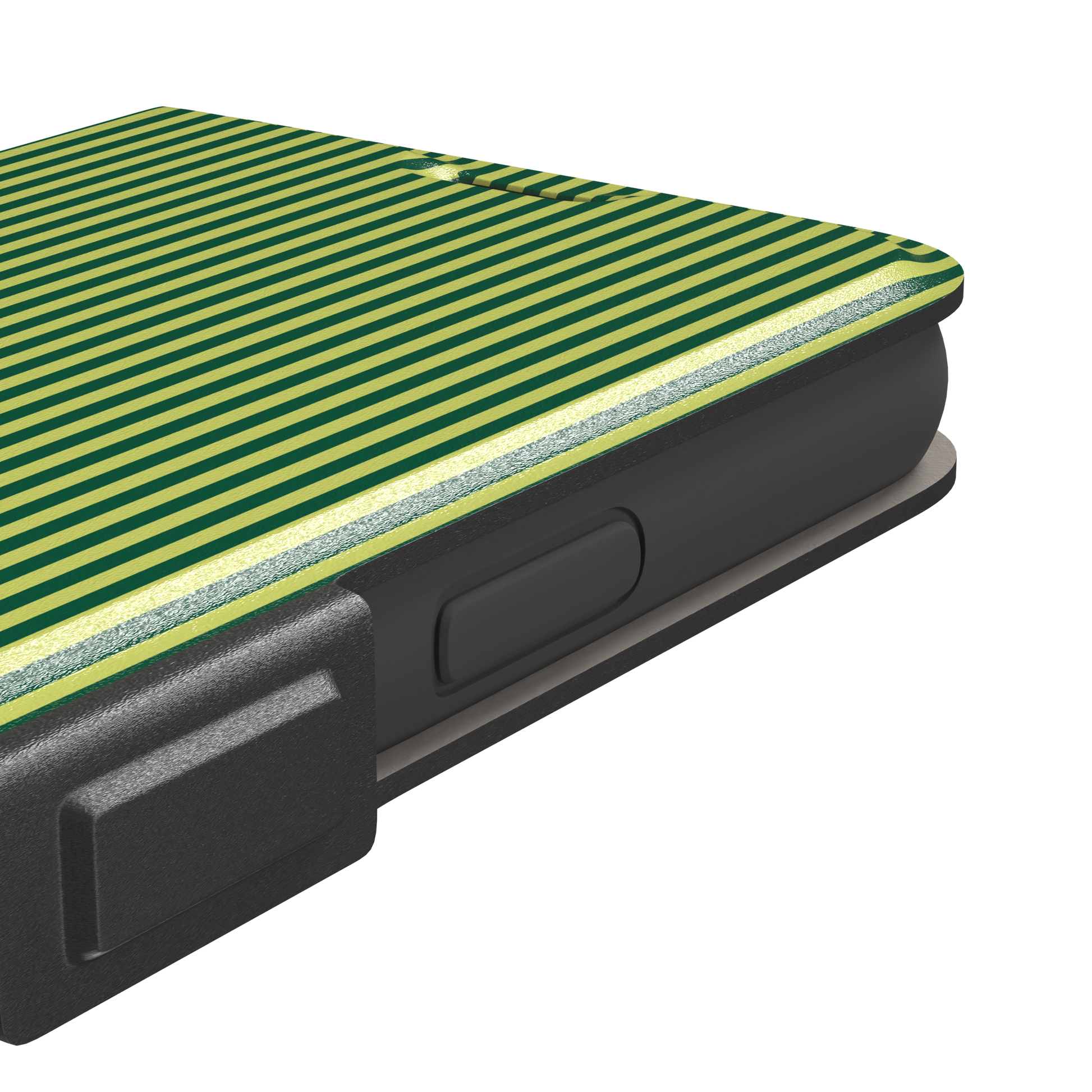 Pinstripe phone case in deep forest green and lime yellow vertical stripes, phone case by Caselier — wallet case, volume buttons detail | Caselier