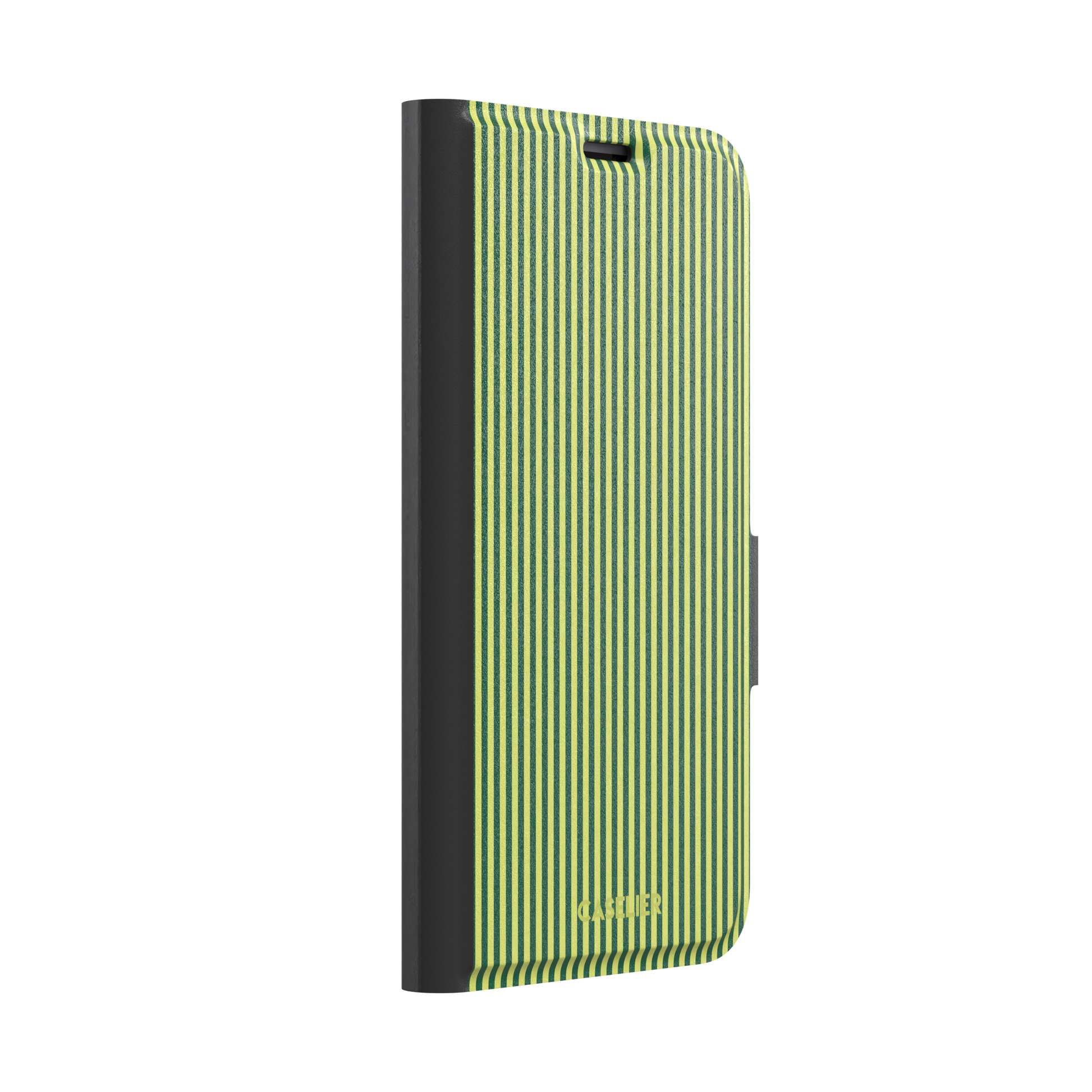 Pinstripe phone case in deep forest green and lime yellow vertical stripes, phone case by Caselier — wallet case, left view | Caselier