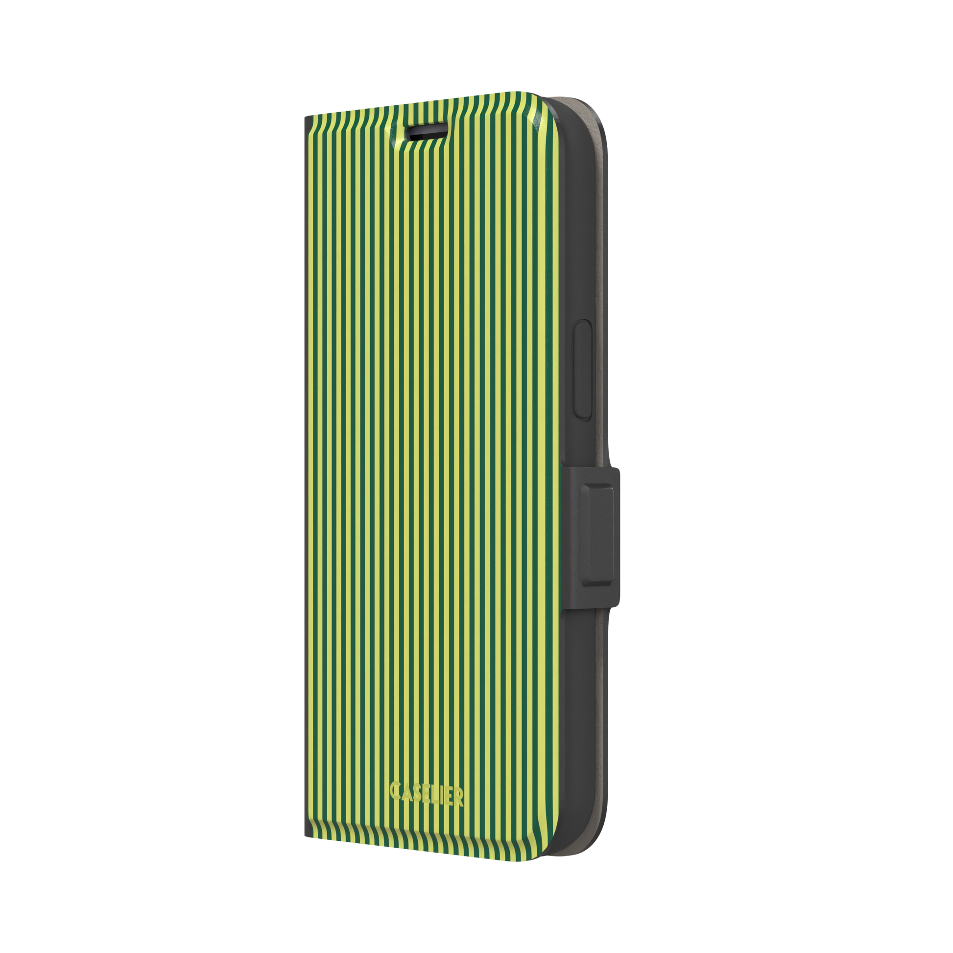 Pinstripe phone case in deep forest green and lime yellow vertical stripes, phone case by Caselier — wallet case, right view | Caselier