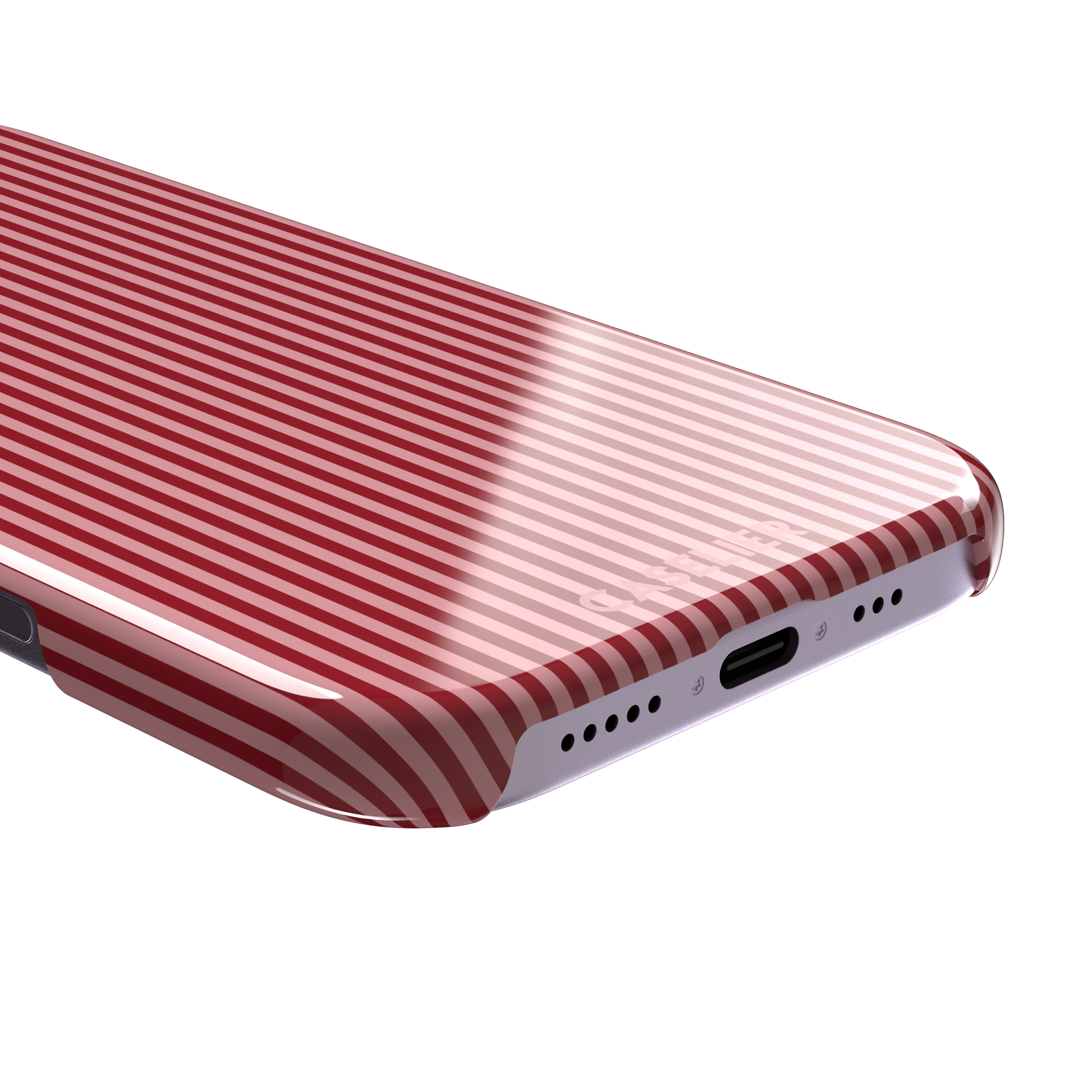 Pinstripe phone case in crimson and blush pink vertical stripes, phone case by Caselier — snap case, charging port detail | Caselier