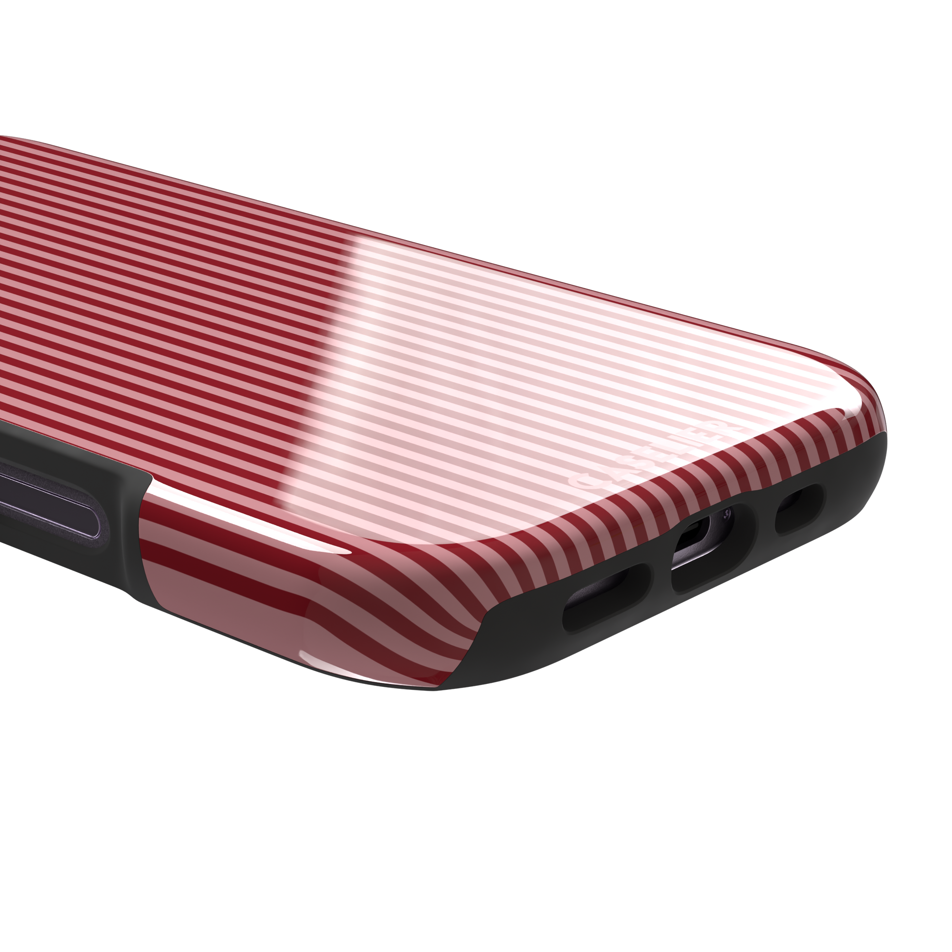 Pinstripe phone case in crimson and blush pink vertical stripes, phone case by Caselier — tough case, charging port detail | Caselier