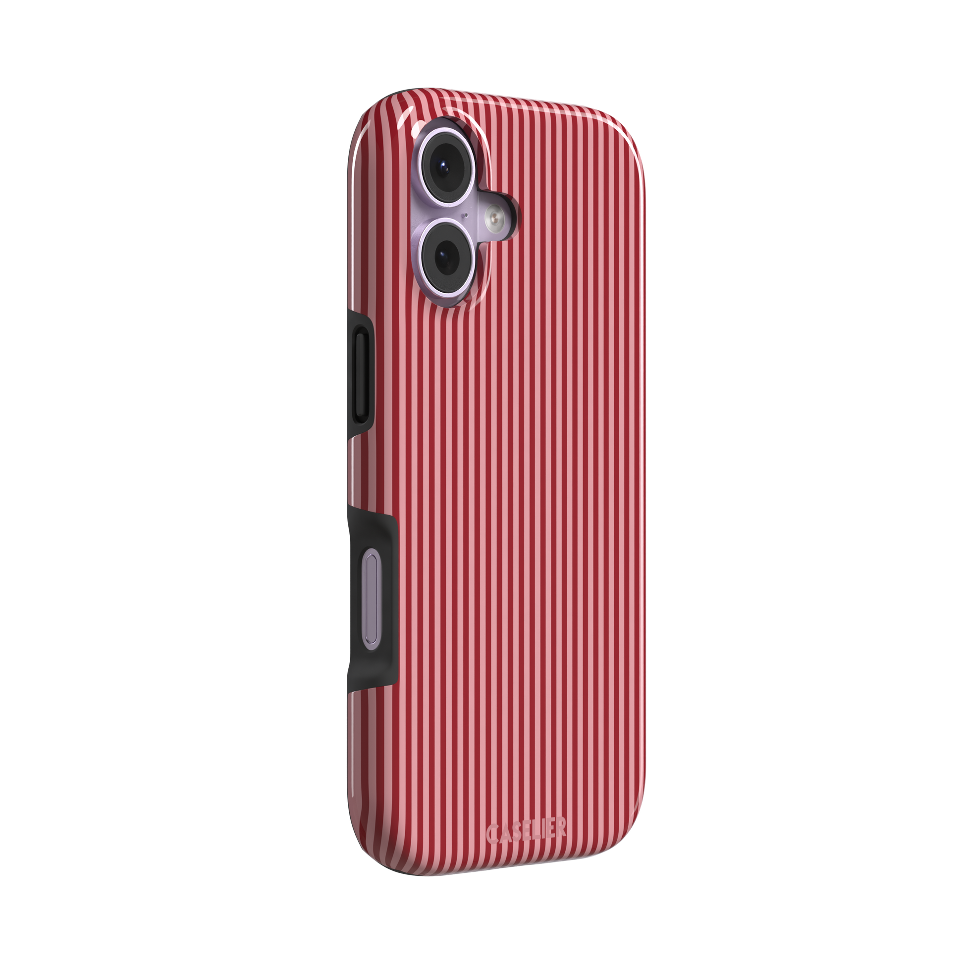 Pinstripe phone case in crimson and blush pink vertical stripes, phone case by Caselier — tough case, left view | Caselier