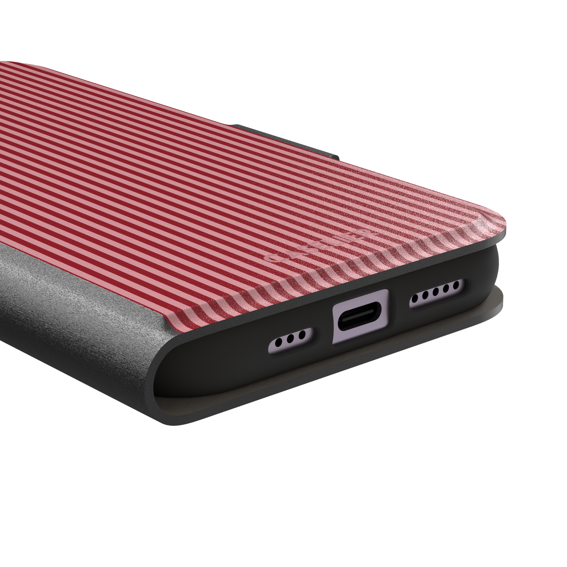 Pinstripe phone case in crimson and blush pink vertical stripes, phone case by Caselier — wallet case, charging port detail | Caselier