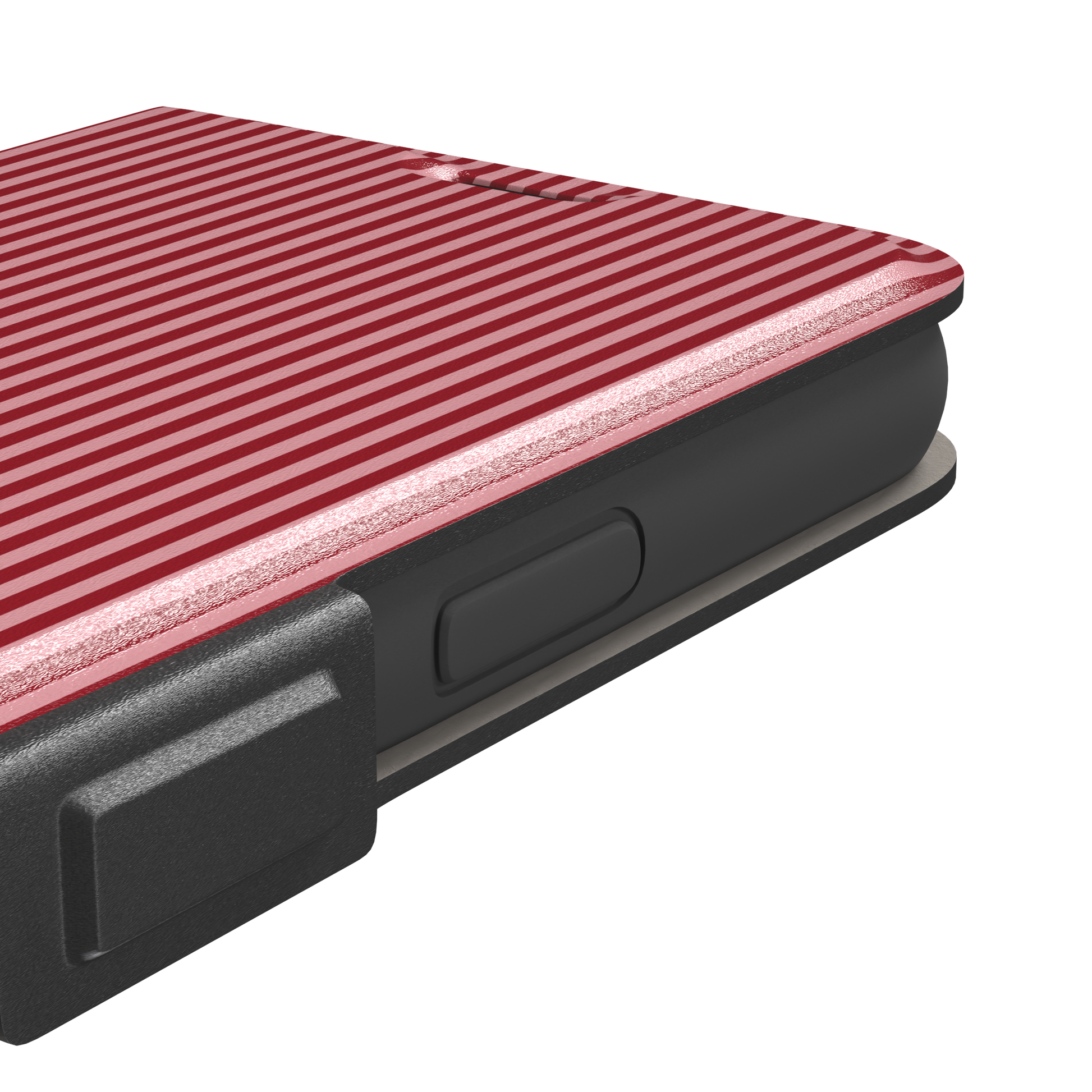 Pinstripe phone case in crimson and blush pink vertical stripes, phone case by Caselier — wallet case, volume buttons detail | Caselier