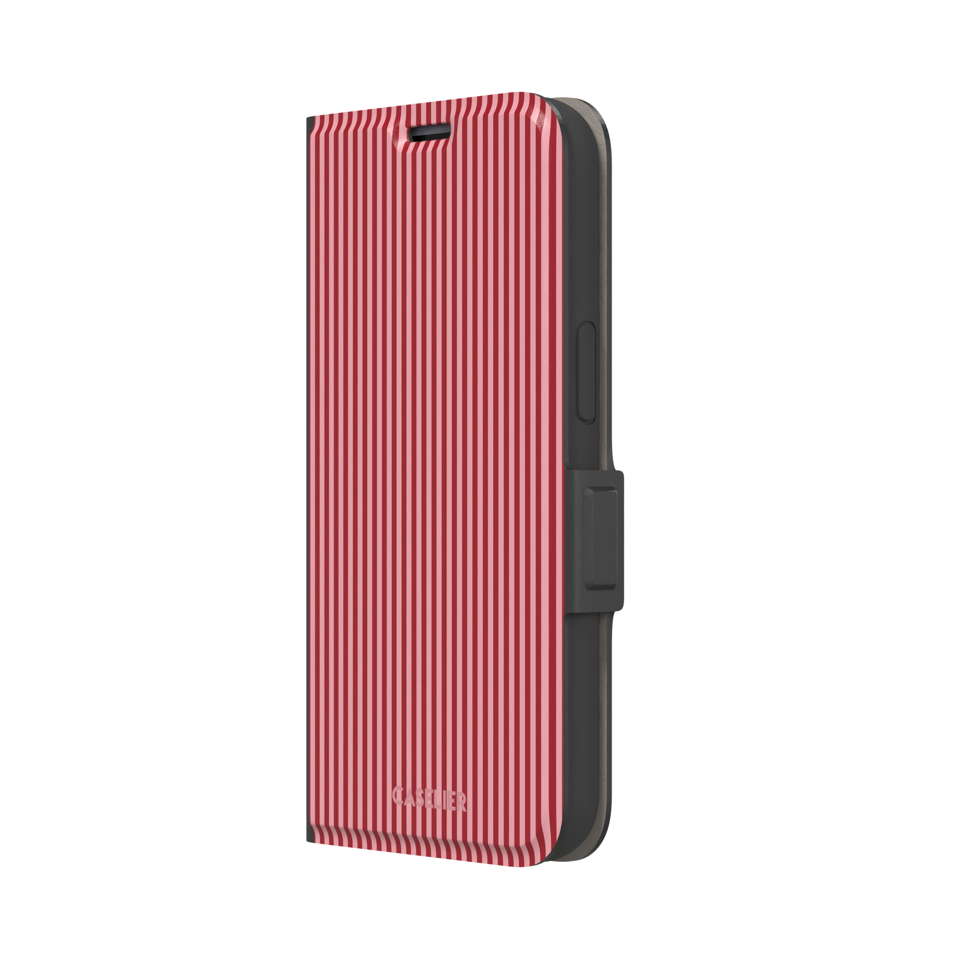 Pinstripe phone case in crimson and blush pink vertical stripes, phone case by Caselier — wallet case, right view | Caselier