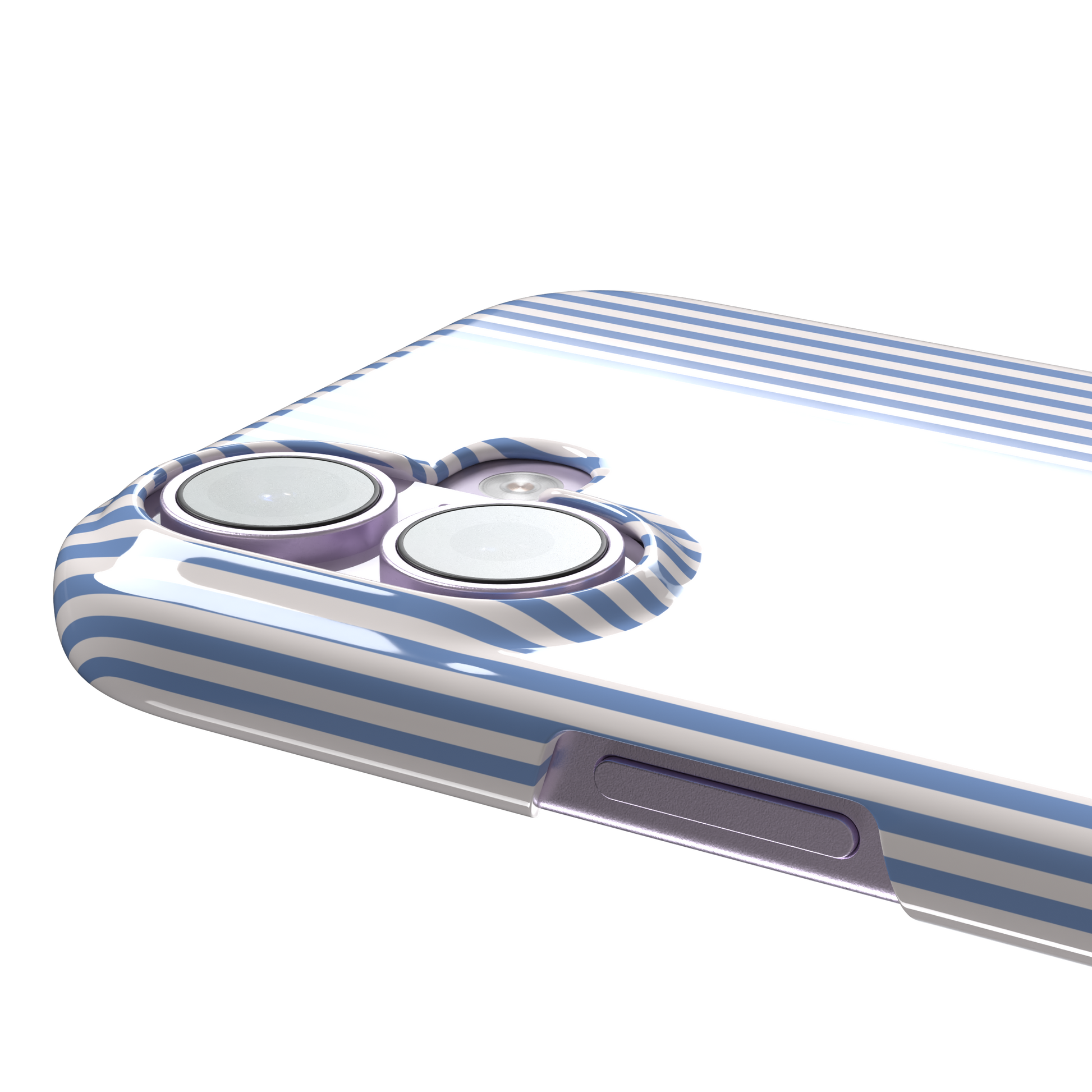 Pinstripe phone case in cornflower blue and white vertical stripes, phone case by Caselier — snap case, volume buttons detail | Caselier