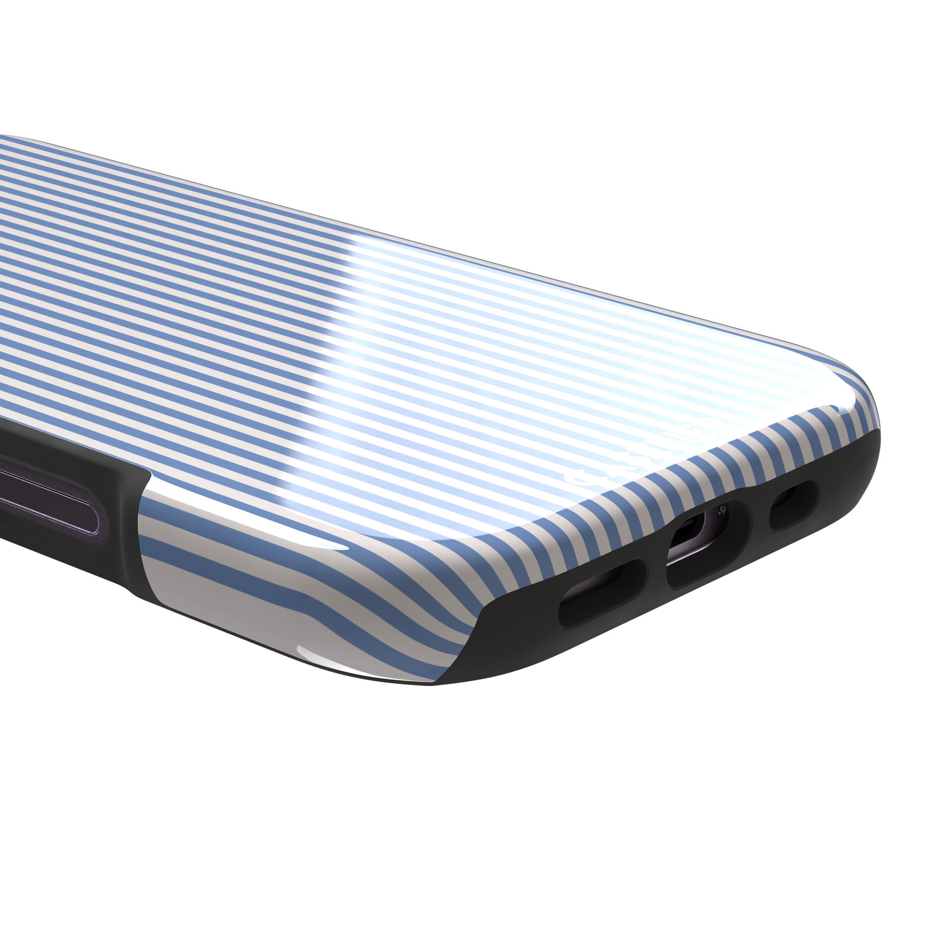 Pinstripe phone case in cornflower blue and white vertical stripes, phone case by Caselier — tough case, charging port detail | Caselier