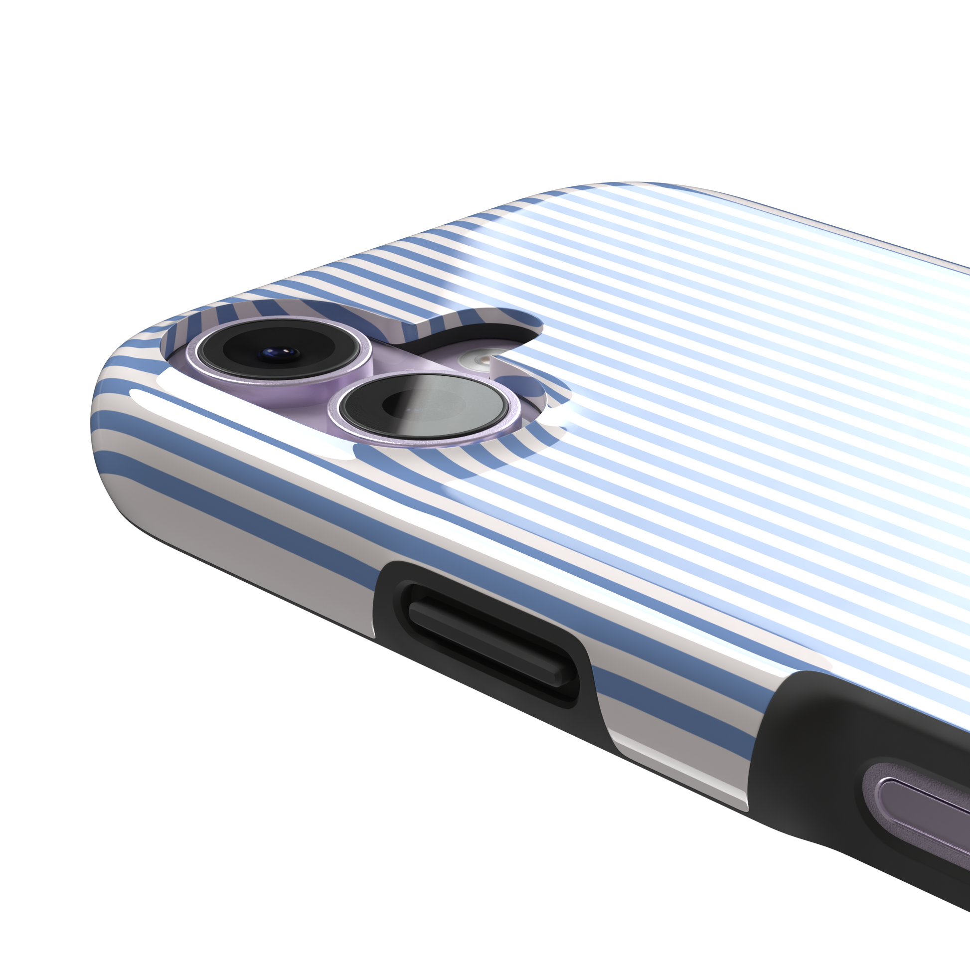 Pinstripe phone case in cornflower blue and white vertical stripes, phone case by Caselier — tough case, volume buttons detail | Caselier