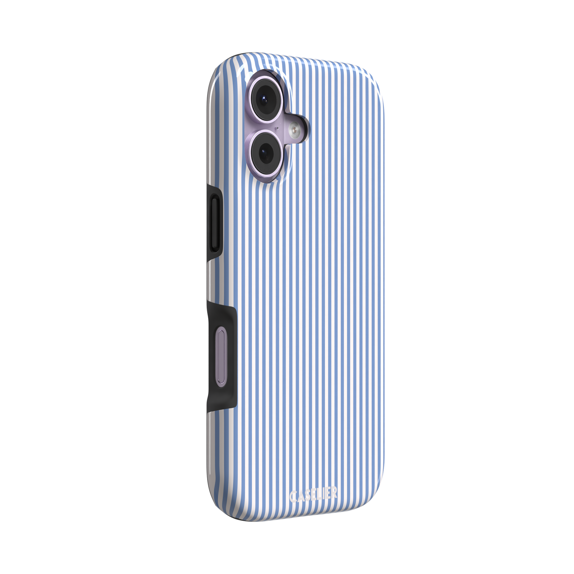Pinstripe phone case in cornflower blue and white vertical stripes, phone case by Caselier — tough case, left view | Caselier