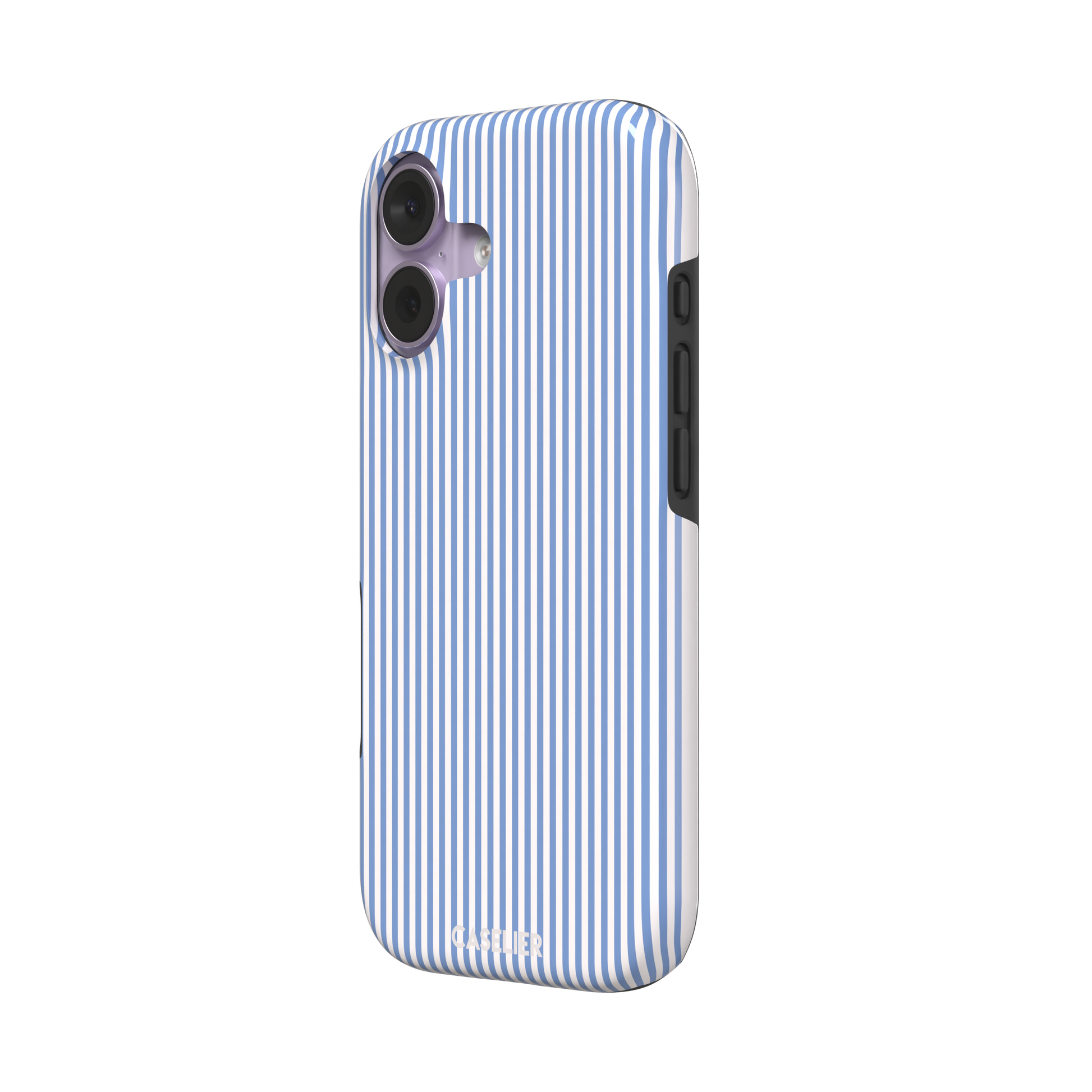Pinstripe phone case in cornflower blue and white vertical stripes, phone case by Caselier — tough case, right view | Caselier
