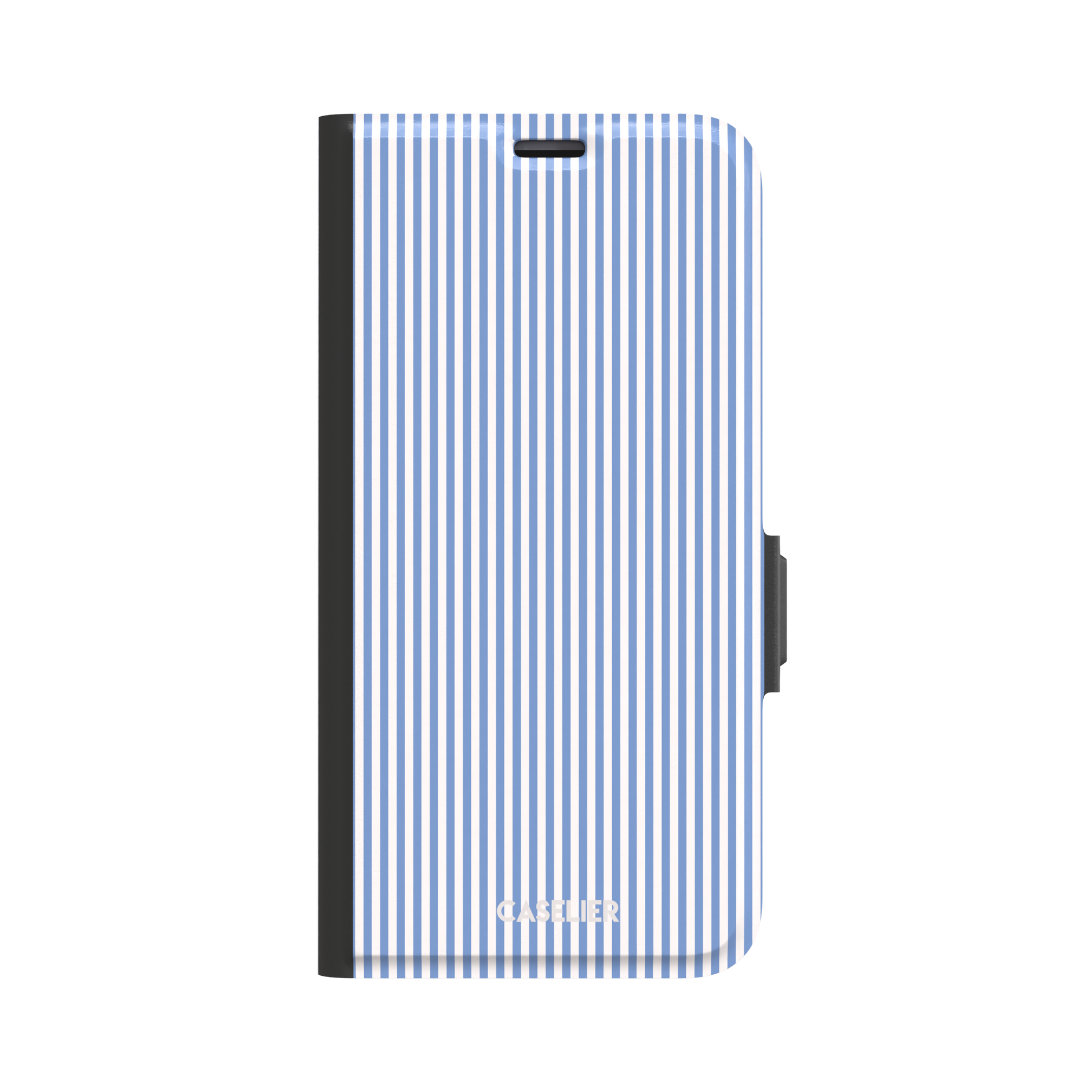 Pinstripe phone case in cornflower blue and white vertical stripes, phone case by Caselier — wallet case, front view | Caselier