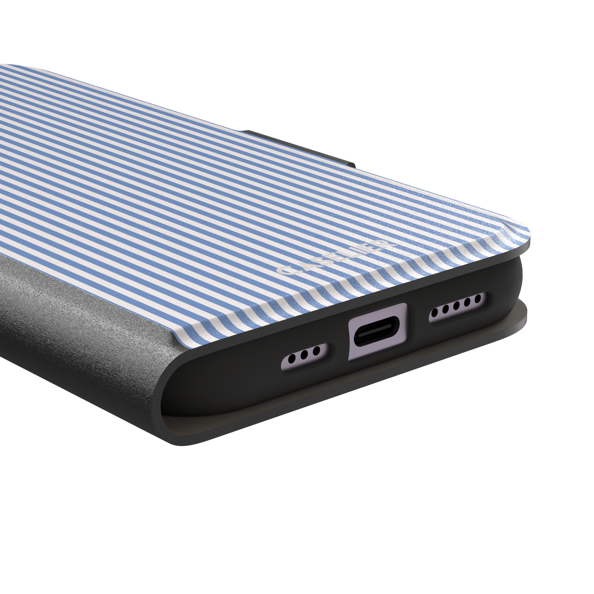 Pinstripe phone case in cornflower blue and white vertical stripes, phone case by Caselier — wallet case, charging port detail | Caselier