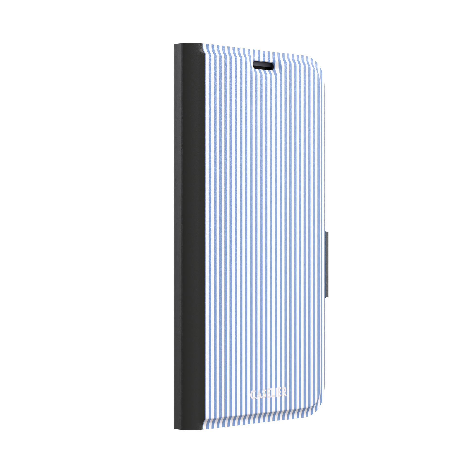 Pinstripe phone case in cornflower blue and white vertical stripes, phone case by Caselier — wallet case, left view | Caselier