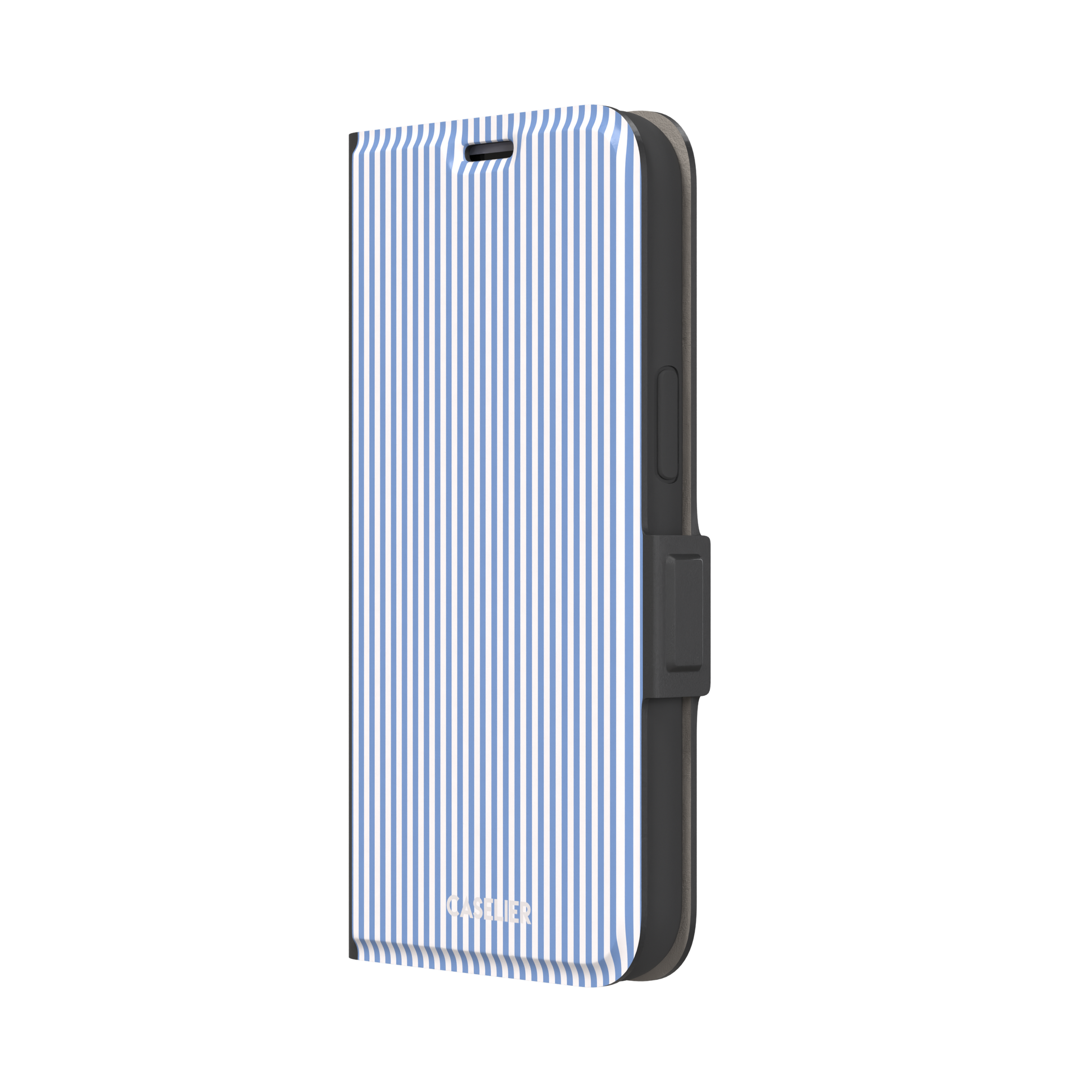 Pinstripe phone case in cornflower blue and white vertical stripes, phone case by Caselier — wallet case, right view | Caselier