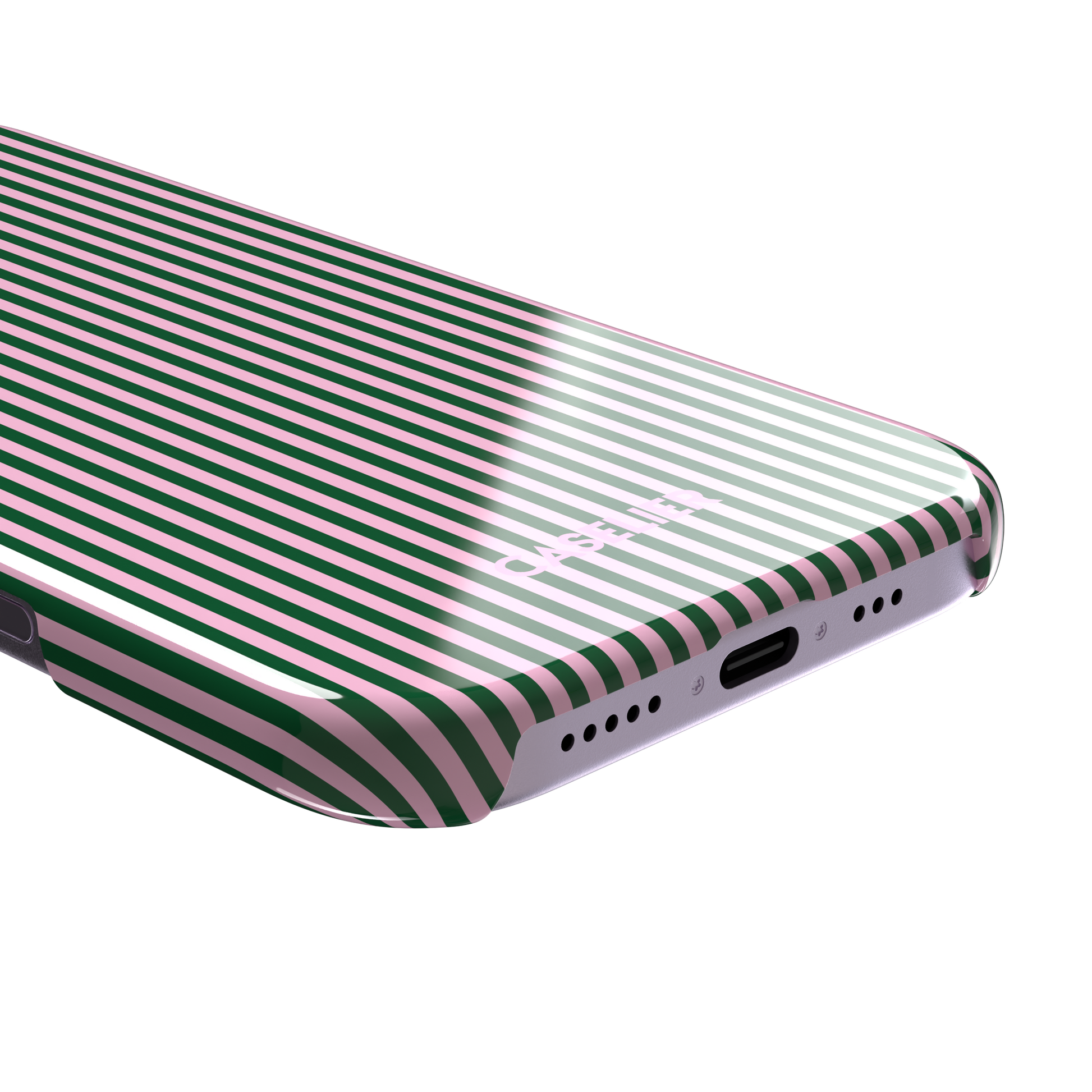 Pinstripes, vertical dark green and pastel pink pinstripes, snap case, charging port detail, phone case by Caselier