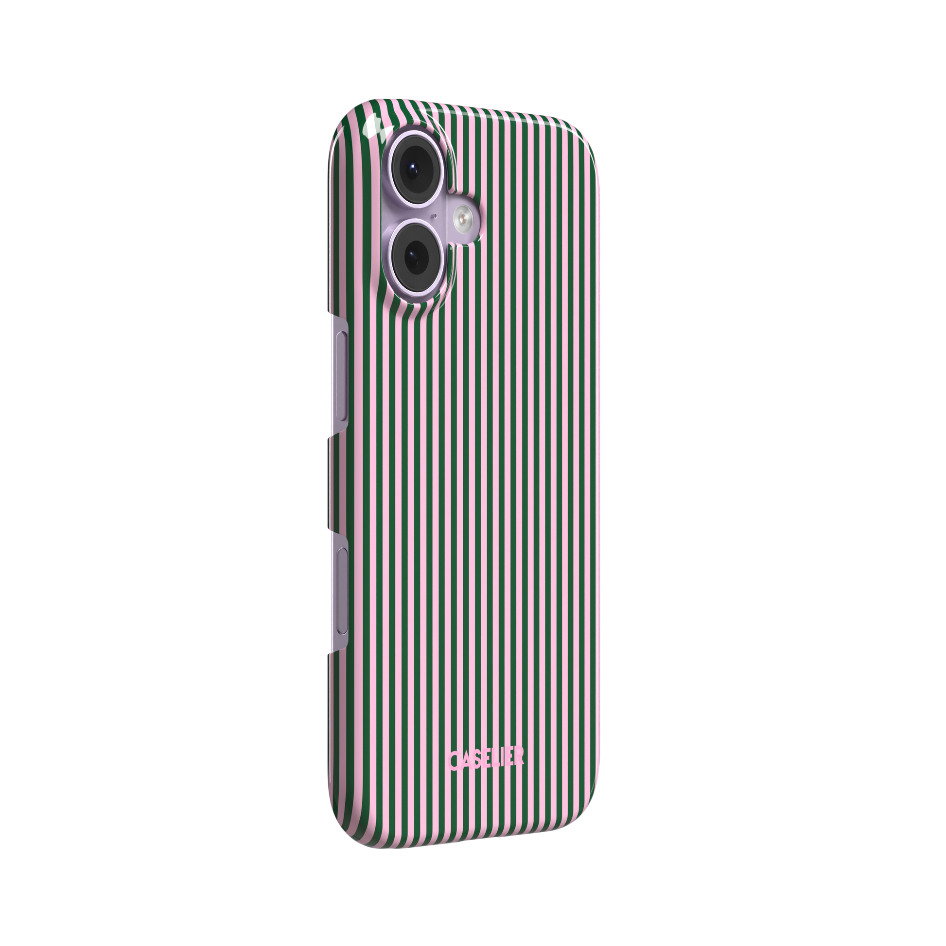 Pinstripes, vertical dark green and pastel pink pinstripes, snap case, left view, phone case by Caselier