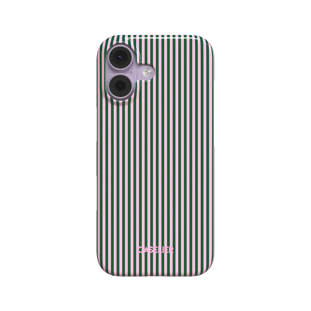 Pinstripes phone case in forest green and light pink alternating vertical pinstripes on a glossy finish, phone case by Caselier - snap case, front view | Caselier