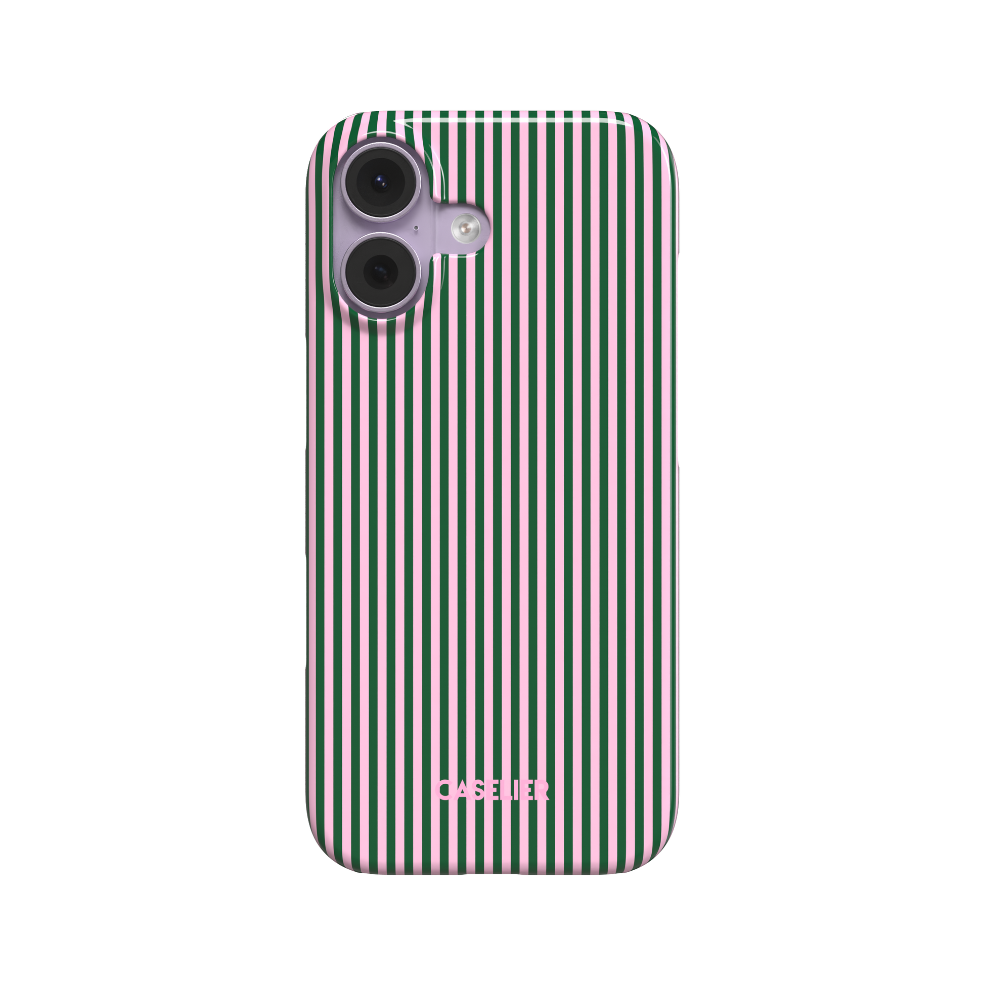Pinstripes phone case in forest green and light pink alternating vertical pinstripes on a glossy finish, phone case by Caselier - snap case, front view | Caselier