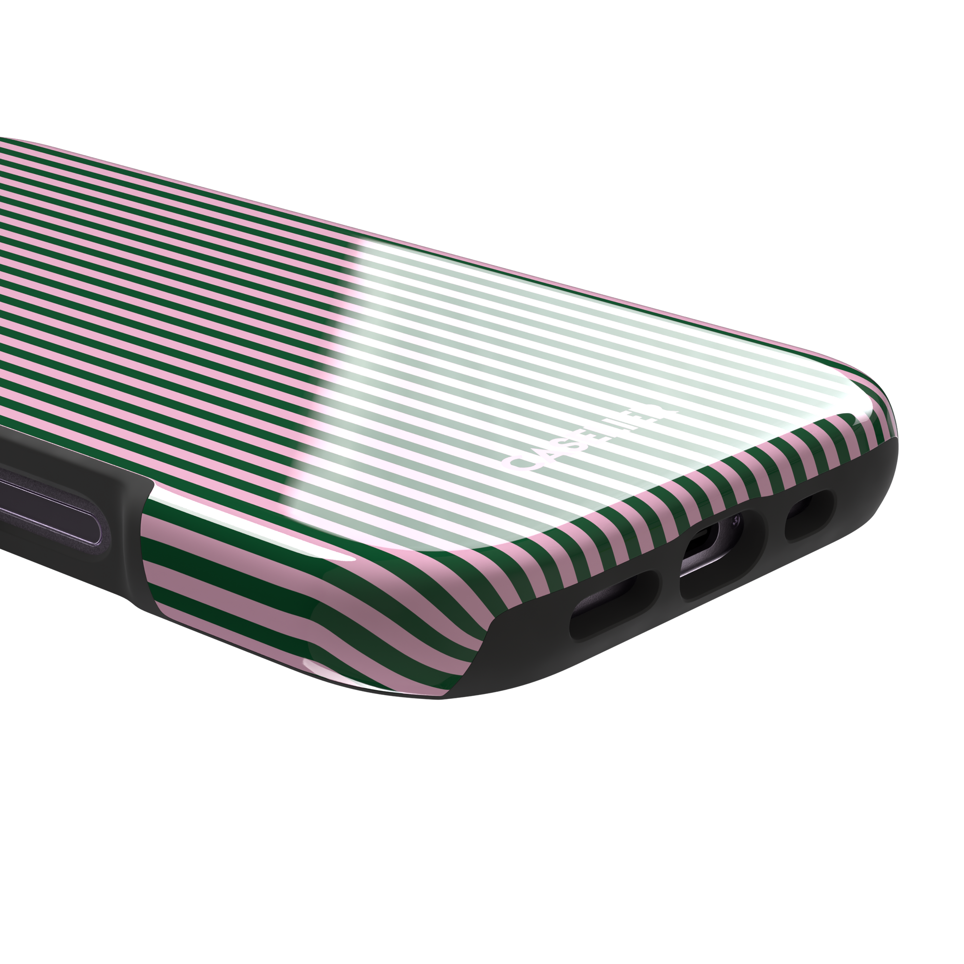 Pinstripes, vertical dark green and pastel pink pinstripes, tough case, charging port detail, phone case by Caselier