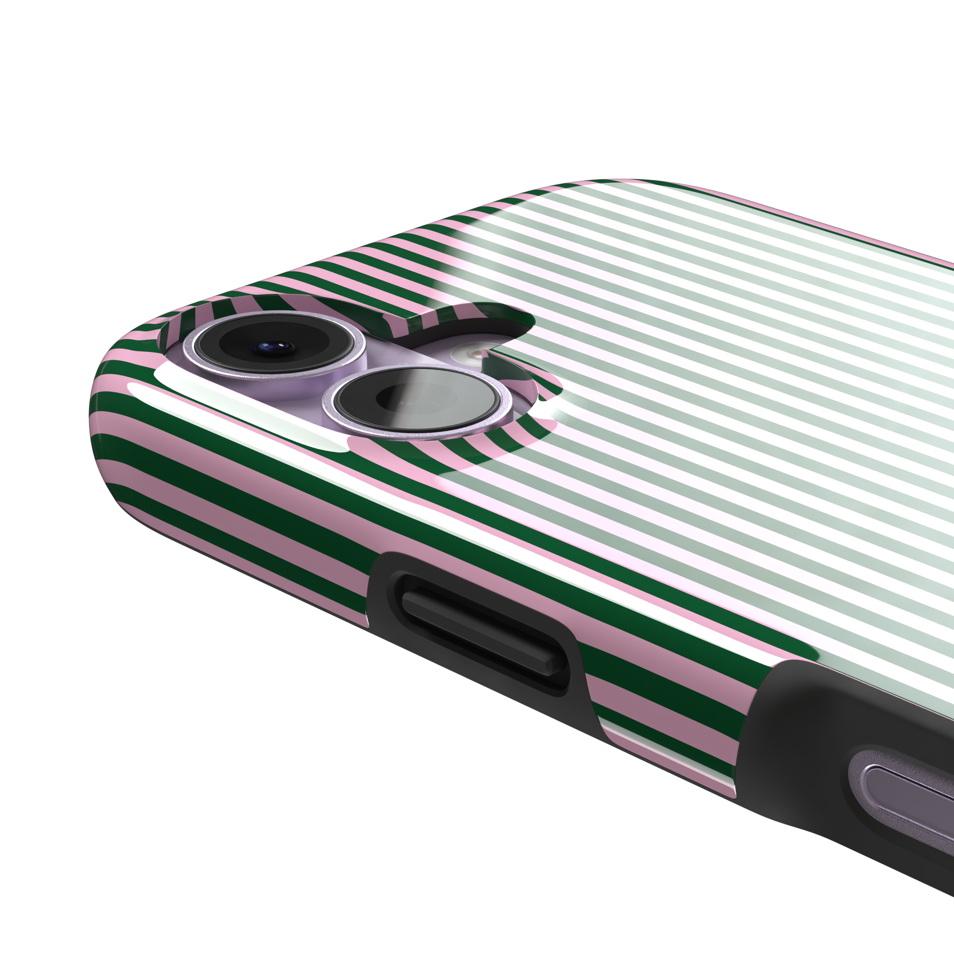 Pinstripes, vertical dark green and pastel pink pinstripes, tough case, volume buttons detail, phone case by Caselier