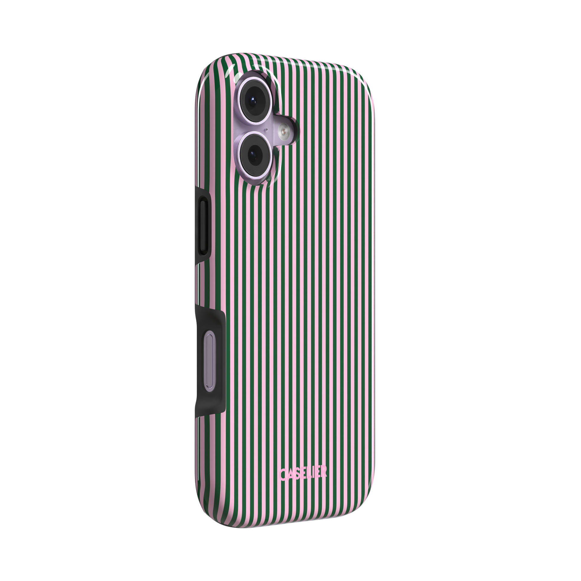 Pinstripes, vertical dark green and pastel pink pinstripes, tough case, left view, phone case by Caselier