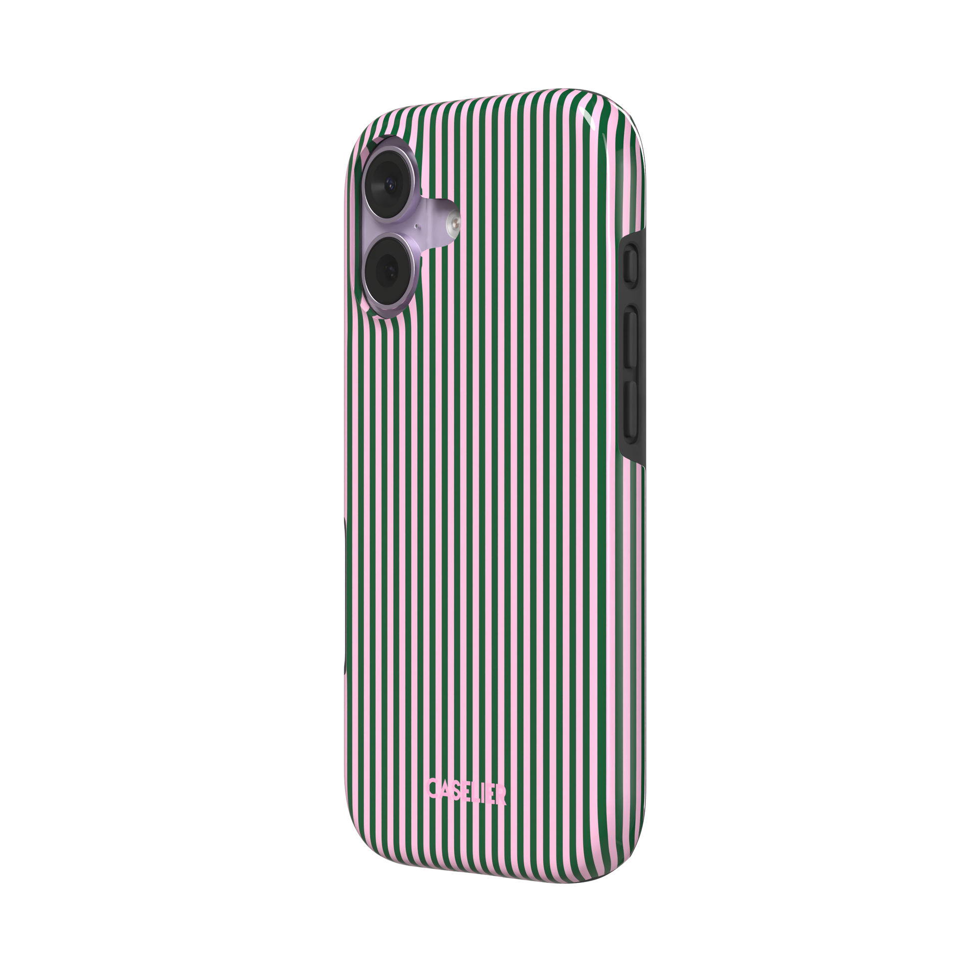 Pinstripes, vertical dark green and pastel pink pinstripes, tough case, right view, phone case by Caselier