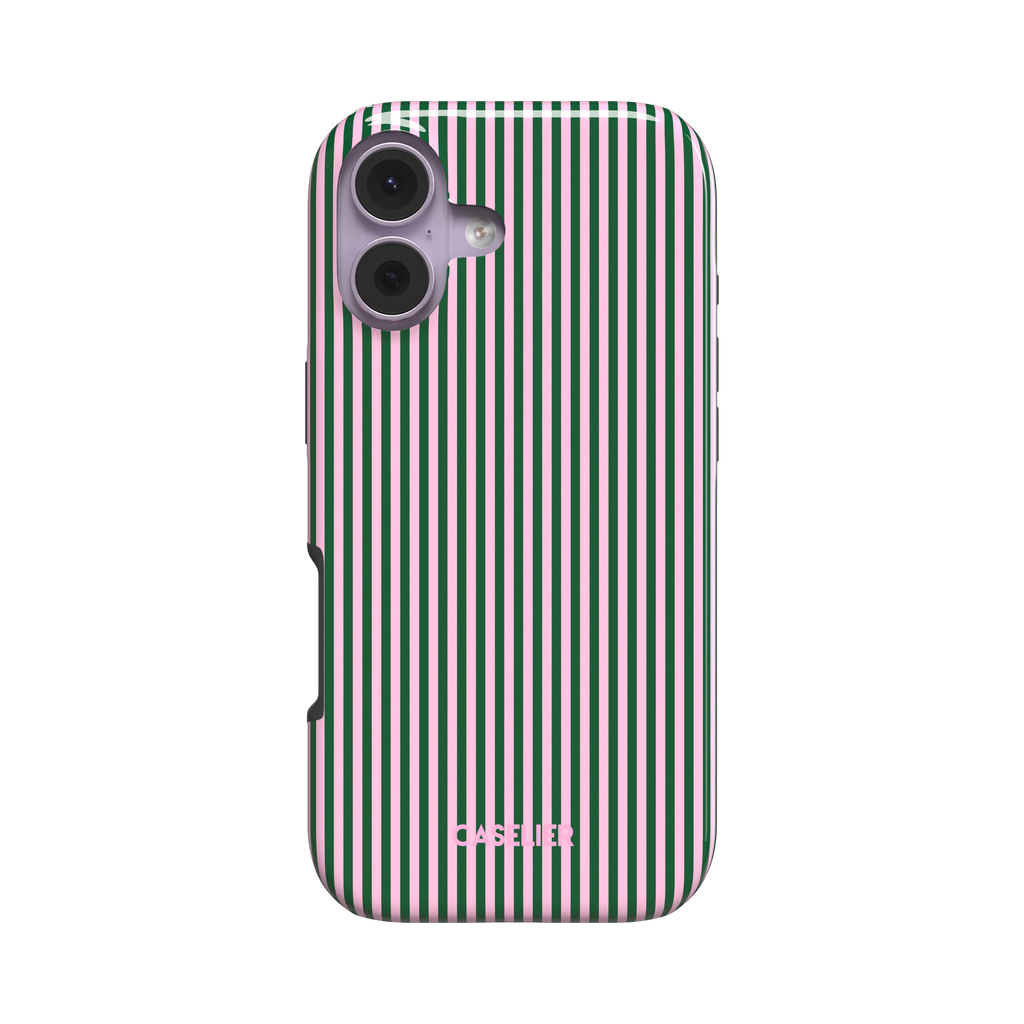 Pinstripes phone case in forest green and light pink alternating vertical pinstripes on a glossy finish, phone case by Caselier - tough case, front view | Caselier
