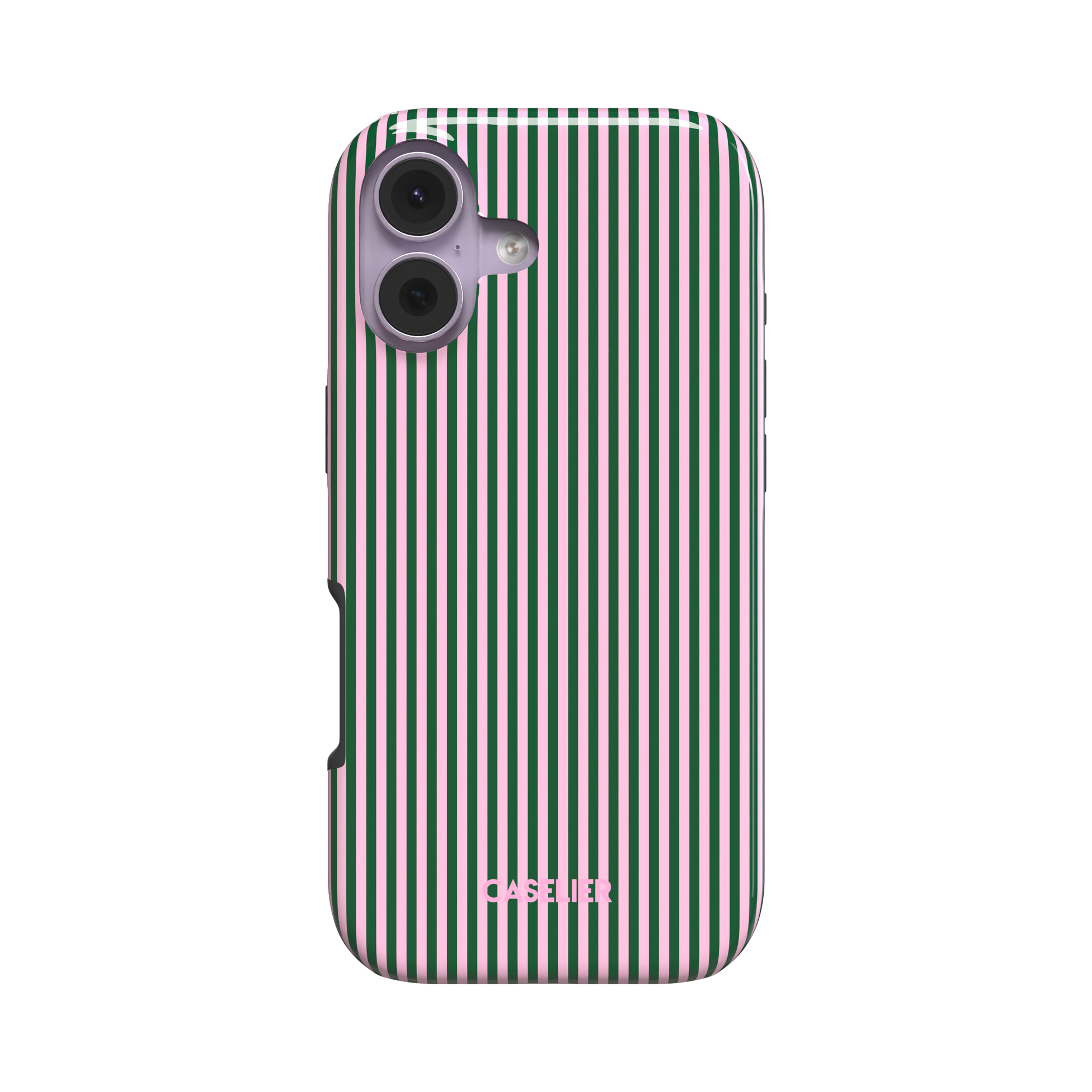 Pinstripes phone case in forest green and light pink alternating vertical pinstripes on a glossy finish, phone case by Caselier - tough case, front view | Caselier