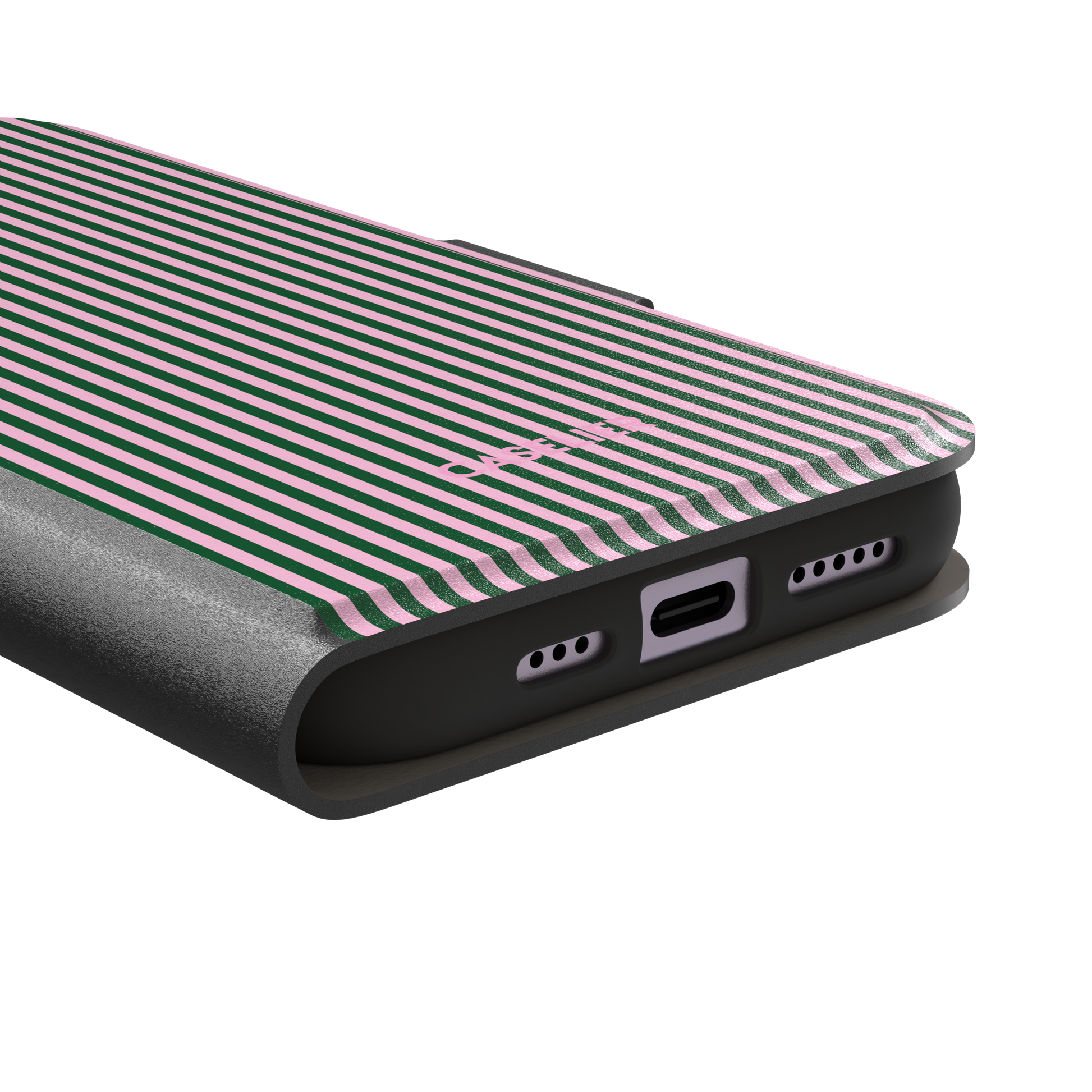 Pinstripes, vertical dark green and pastel pink pinstripes, wallet case, charging port detail, phone case by Caselier