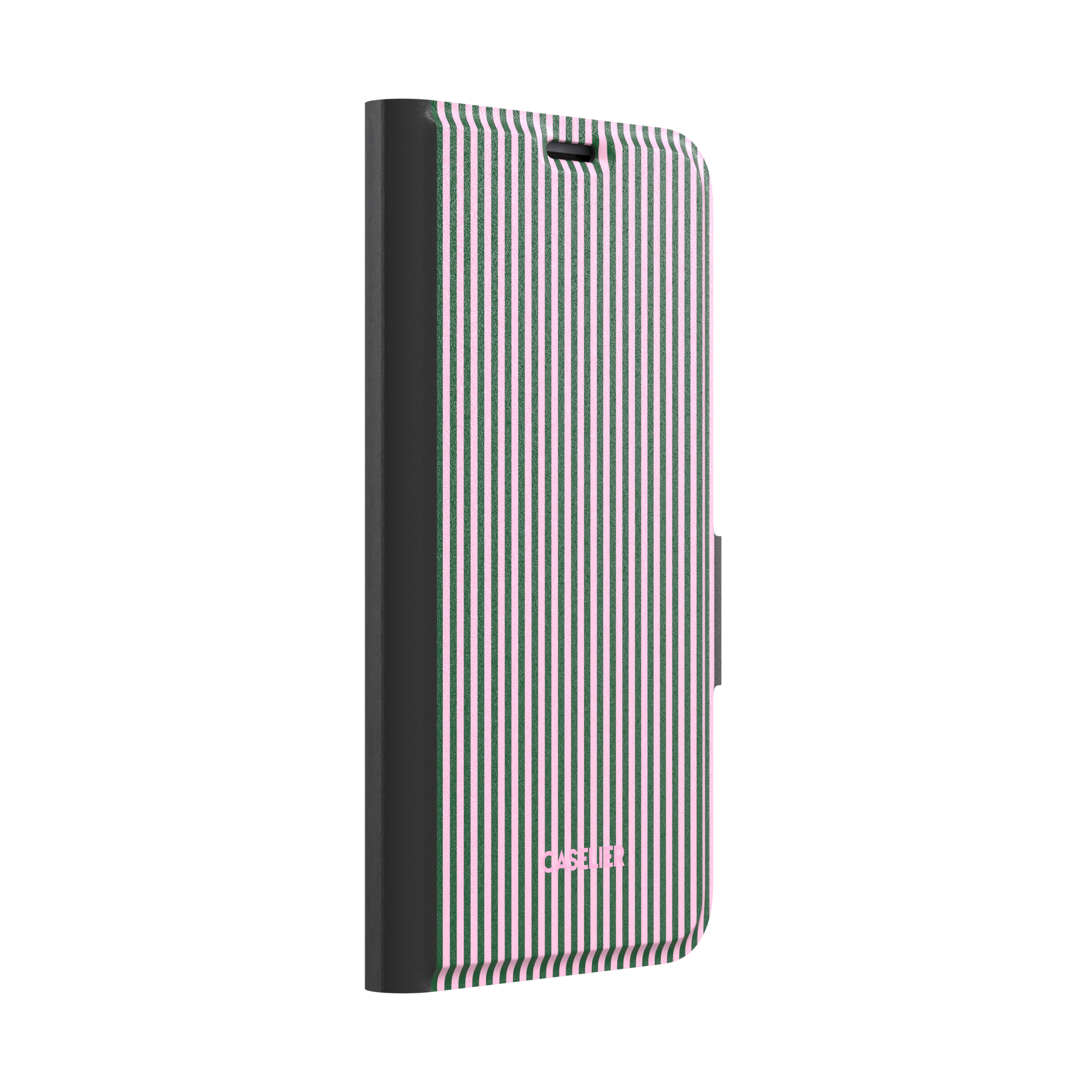 Pinstripes, vertical dark green and pastel pink pinstripes, wallet case, left view, phone case by Caselier