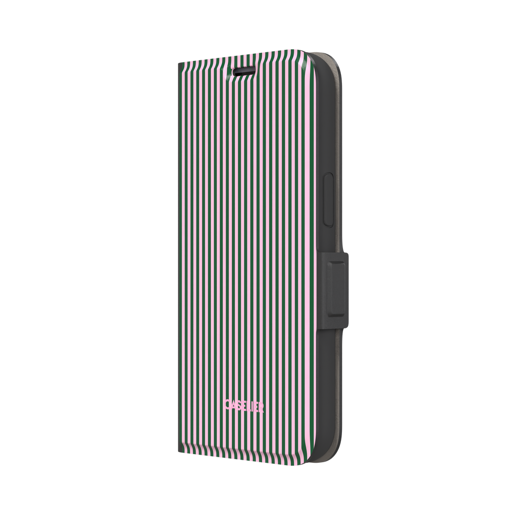 Pinstripes, vertical dark green and pastel pink pinstripes, wallet case, right view, phone case by Caselier