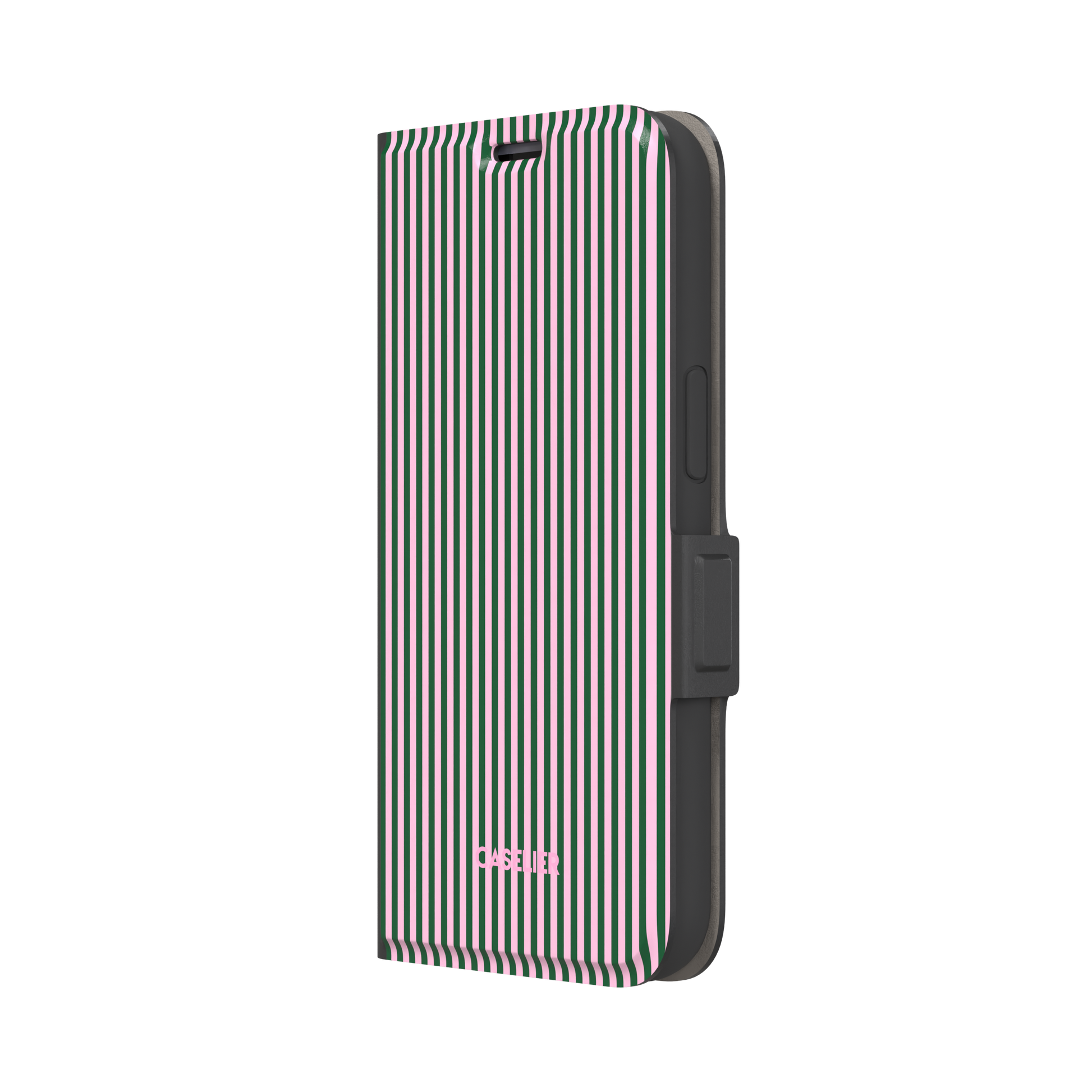 Pinstripes, vertical dark green and pastel pink pinstripes, wallet case, right view, phone case by Caselier