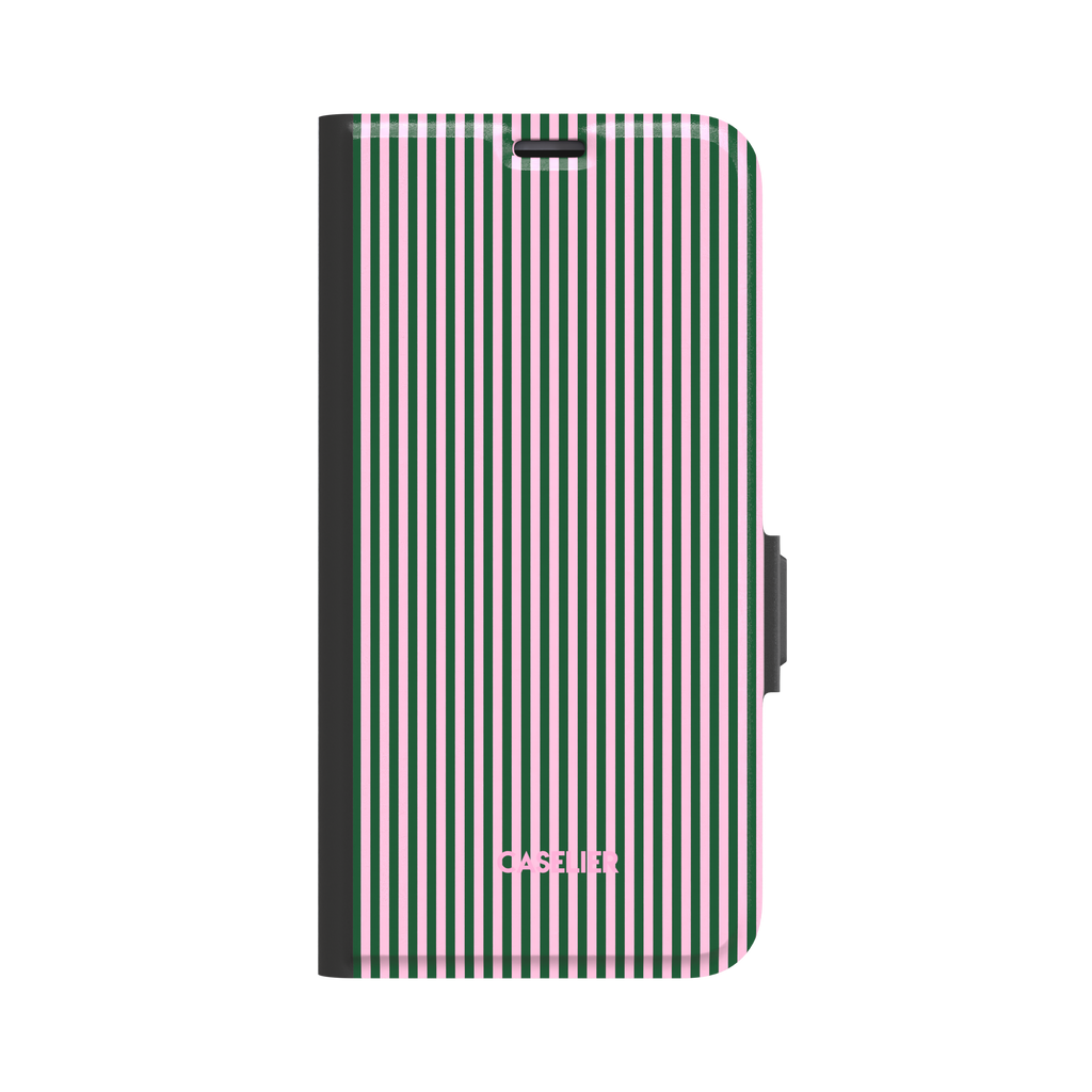 Pinstripes phone case in forest green and light pink alternating vertical pinstripes on a glossy finish, phone case by Caselier - wallet case, front view | Caselier