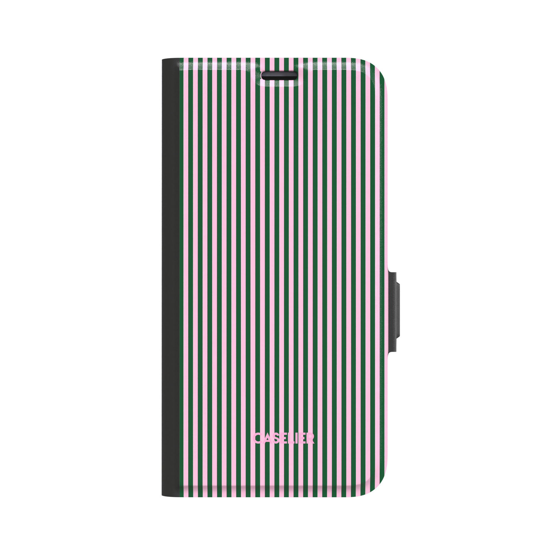 Pinstripes phone case in forest green and light pink alternating vertical pinstripes on a glossy finish, phone case by Caselier - wallet case, front view | Caselier