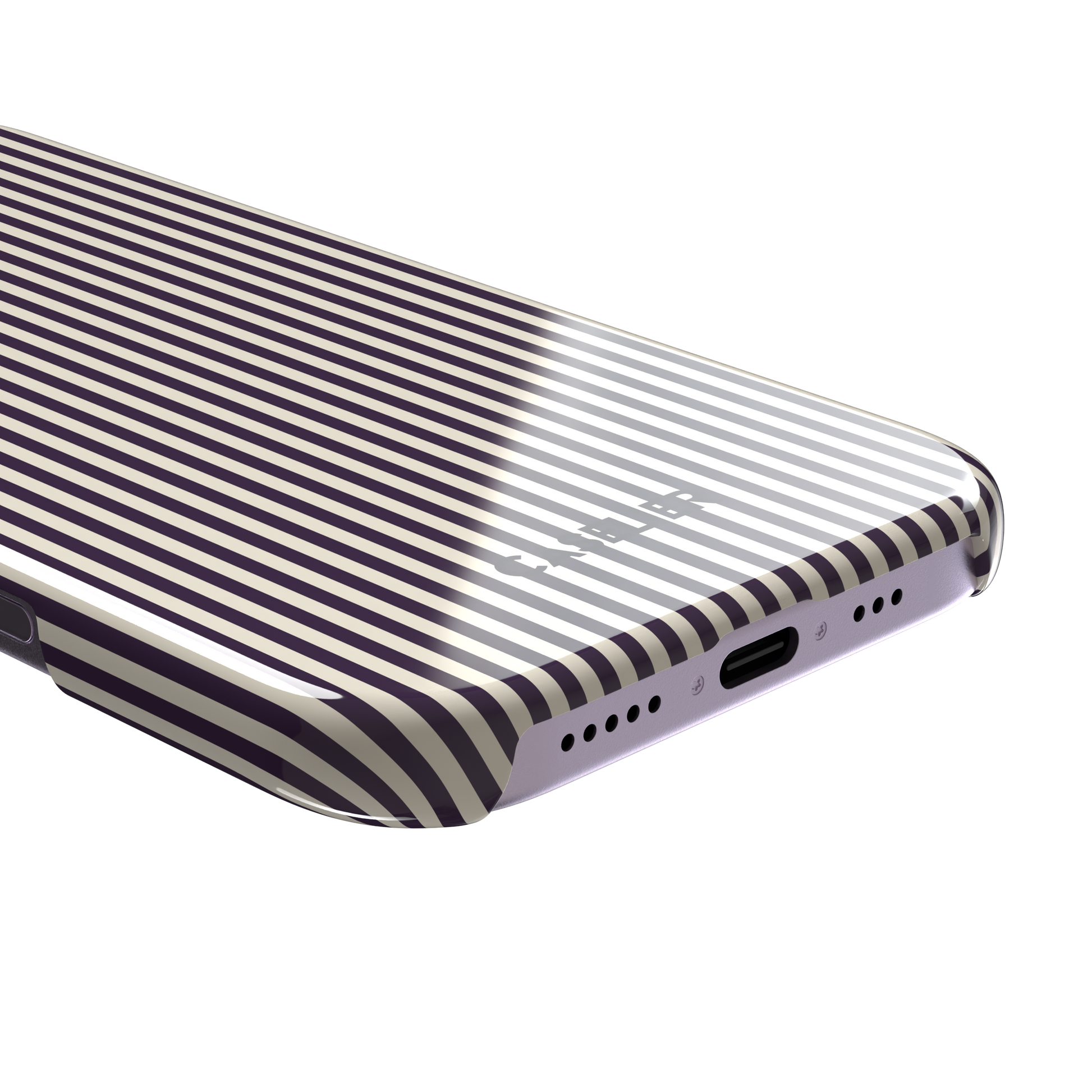 Pinstripes, vertical deep aubergine and cream pinstripes, snap case, charging port detail, phone case by Caselier