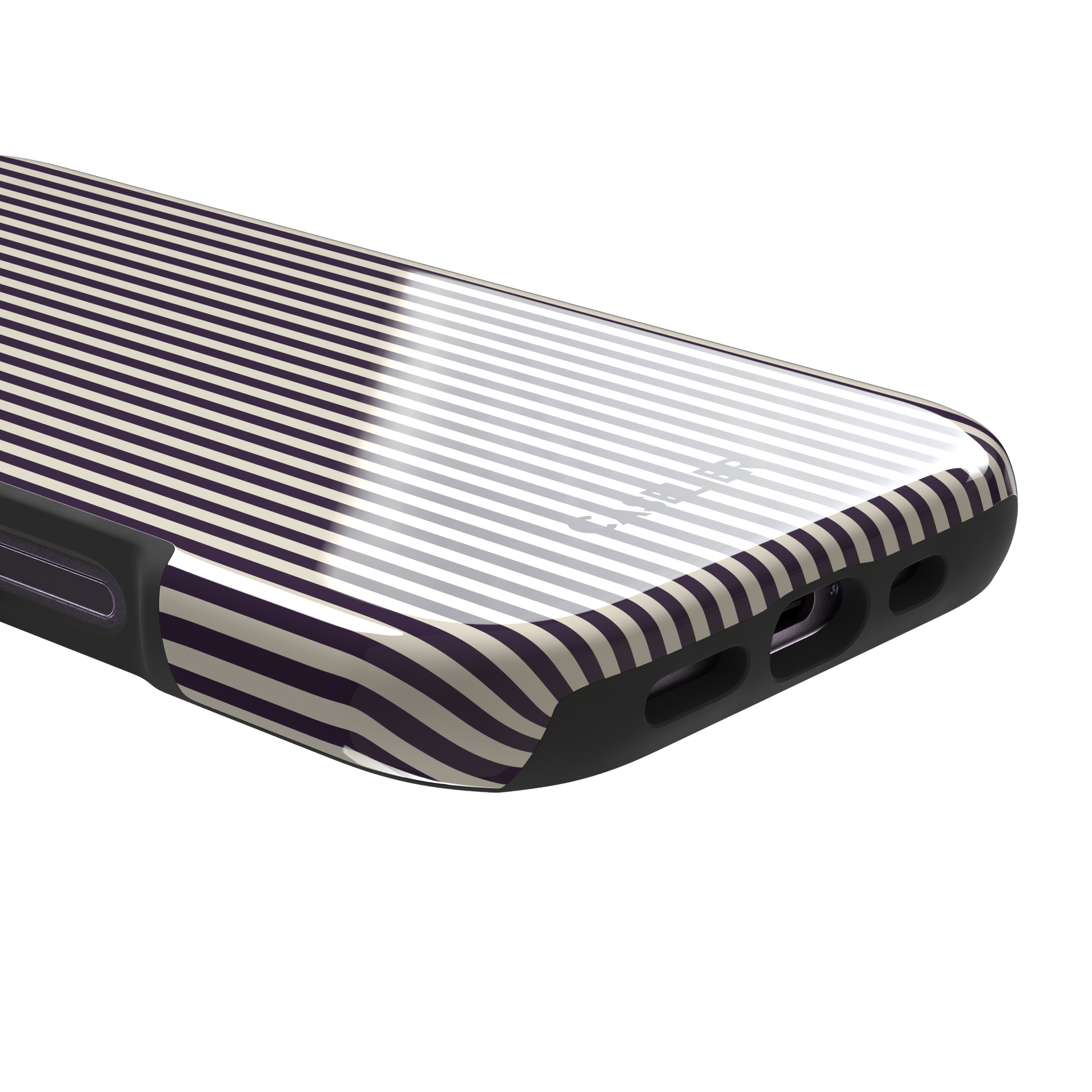 Pinstripes, vertical deep aubergine and cream pinstripes, tough case, charging port detail, phone case by Caselier