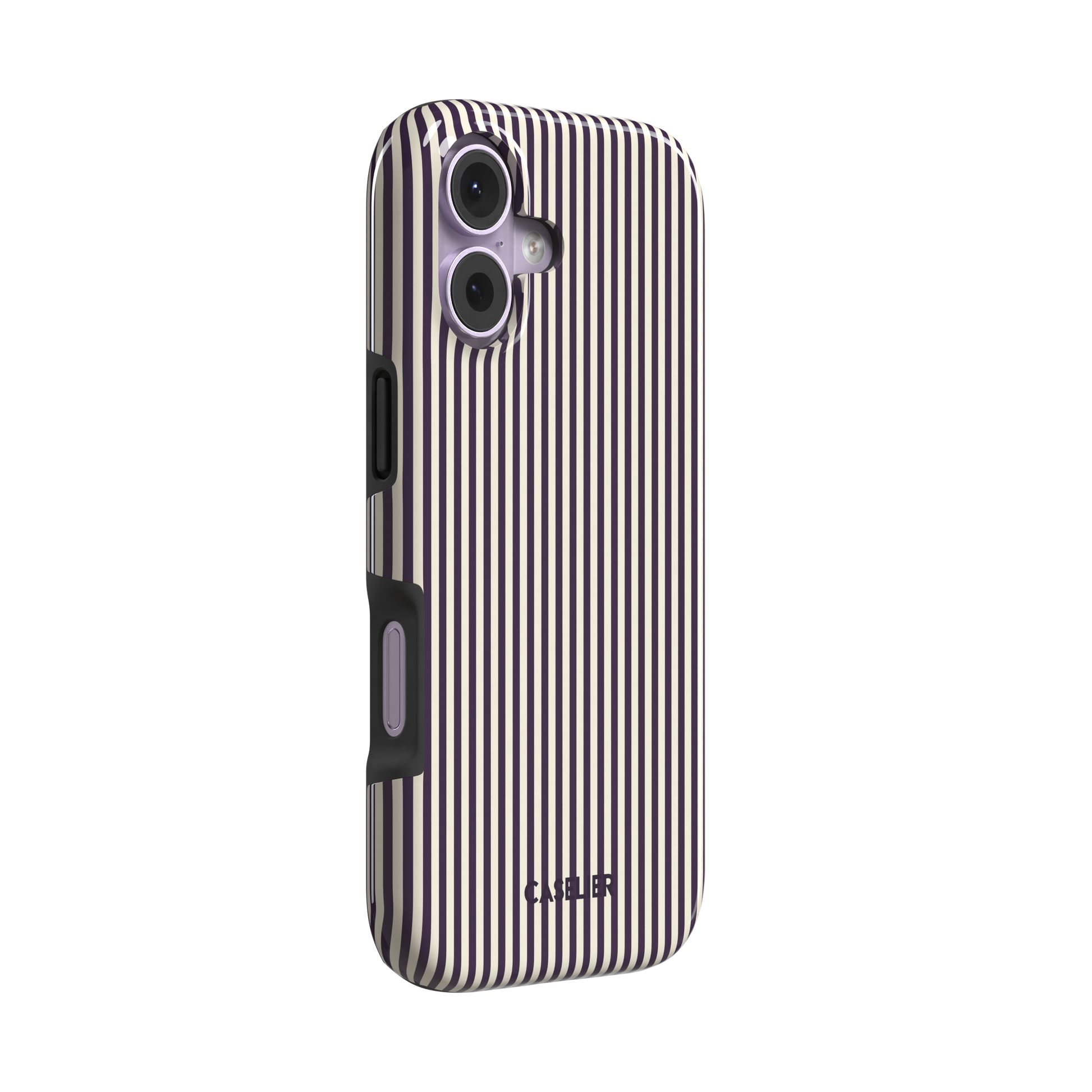 Pinstripes, vertical deep aubergine and cream pinstripes, tough case, left view, phone case by Caselier