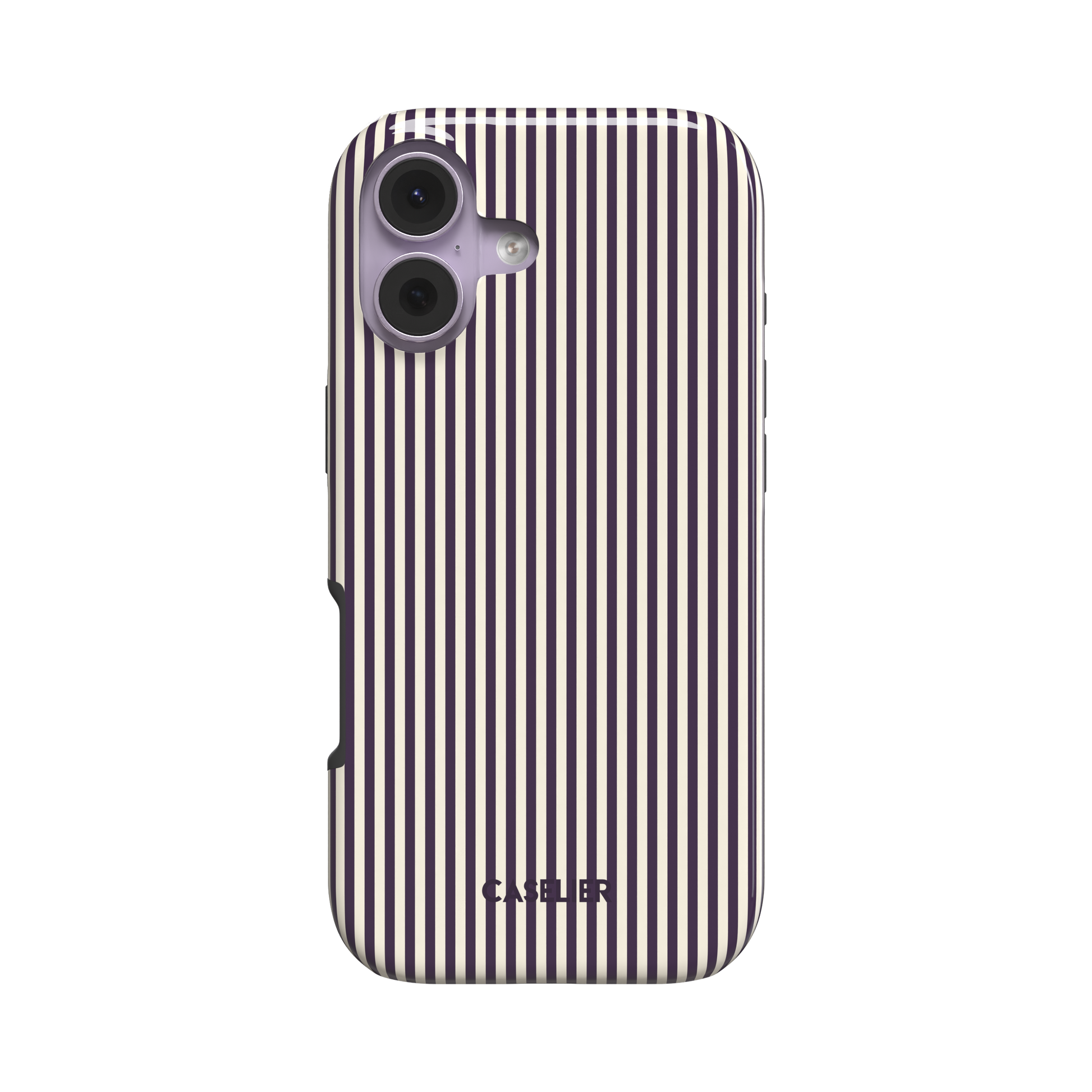 Pinstripes phone case in deep purple and off-white alternating vertical pinstripes on a glossy finish, phone case by Caselier - tough case, front view | Caselier