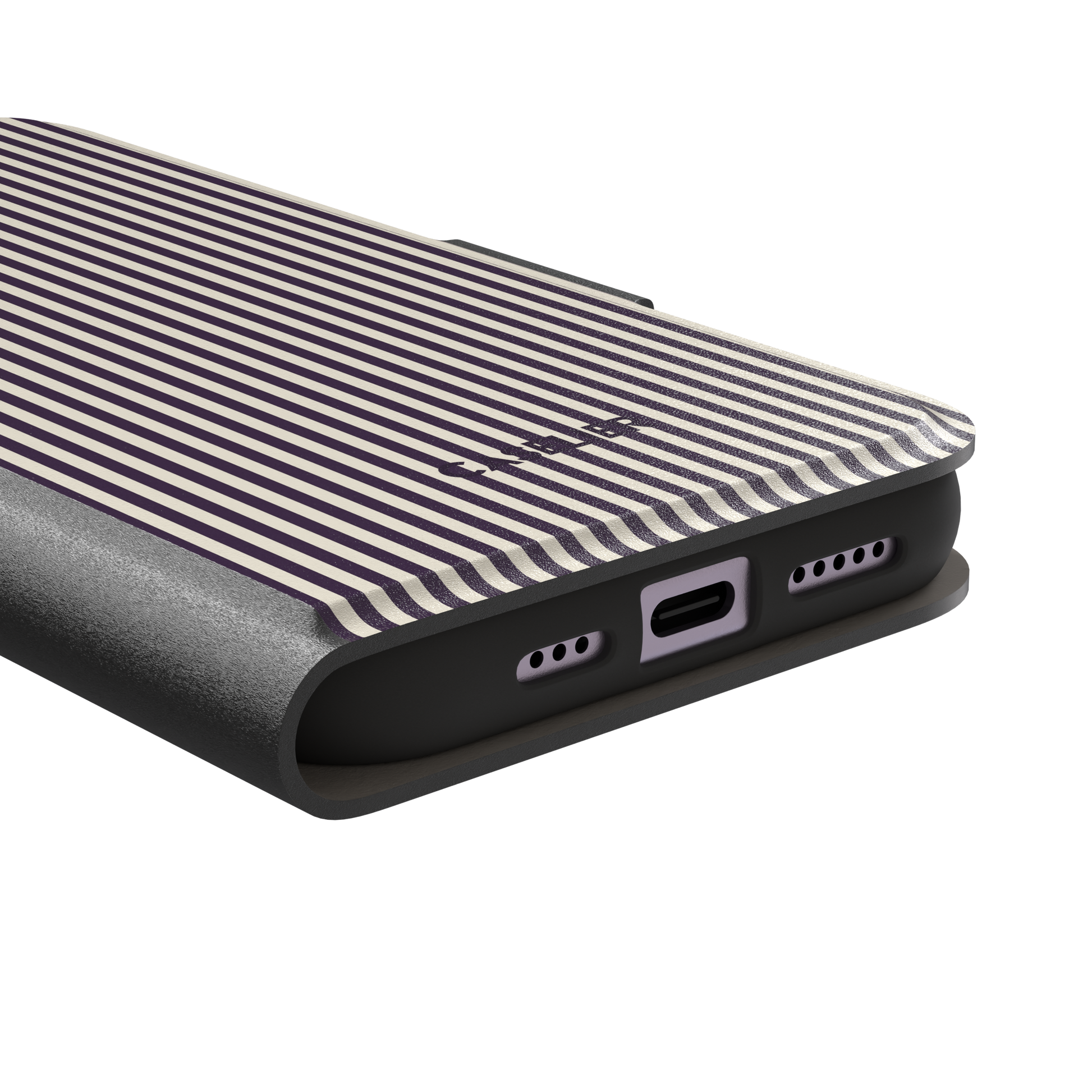 Pinstripes, vertical deep aubergine and cream pinstripes, wallet case, charging port detail, phone case by Caselier