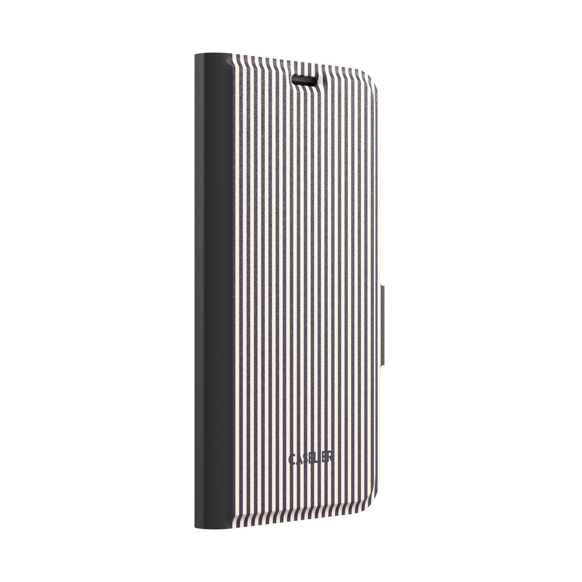 Pinstripes, vertical deep aubergine and cream pinstripes, wallet case, left view, phone case by Caselier