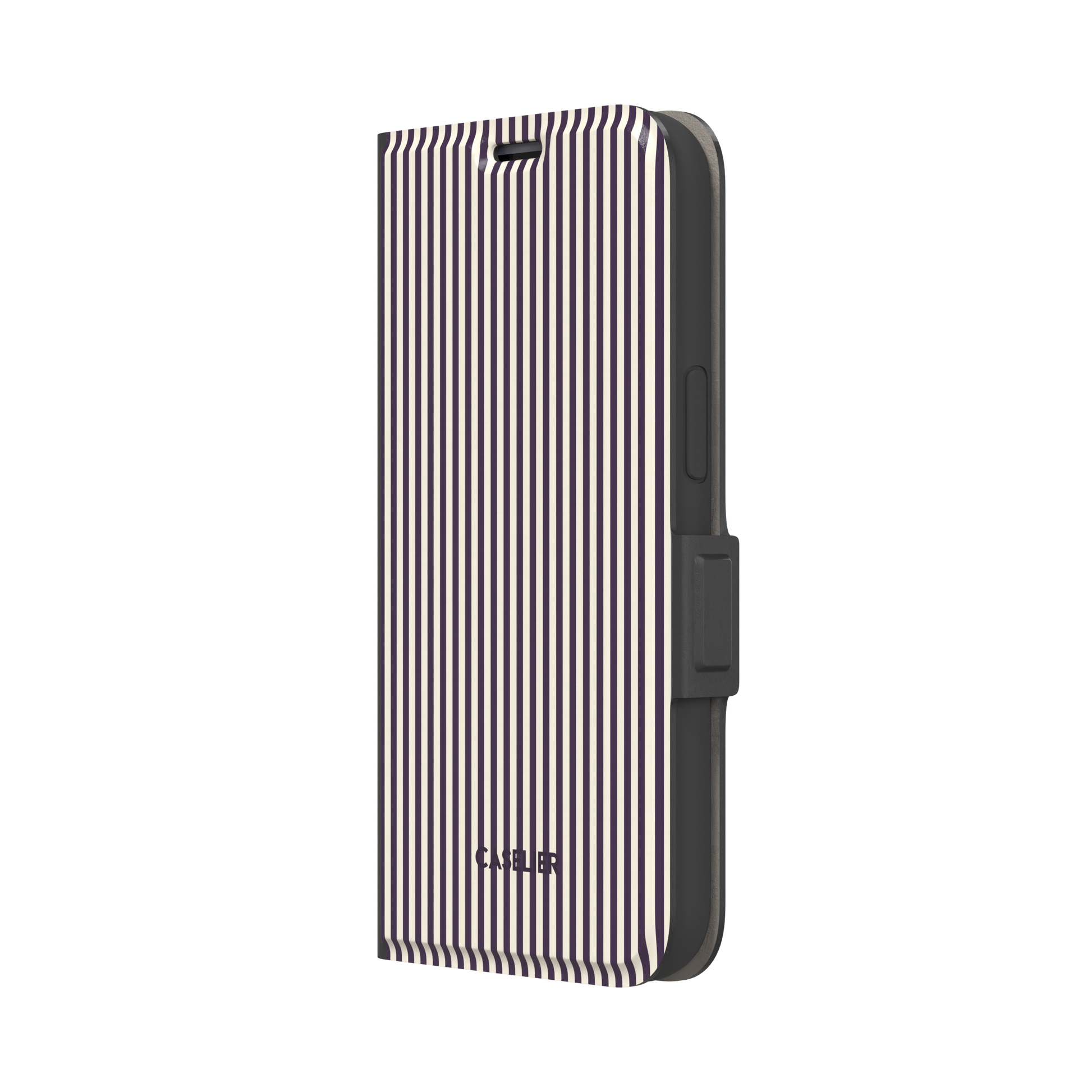 Pinstripes, vertical deep aubergine and cream pinstripes, wallet case, right view, phone case by Caselier
