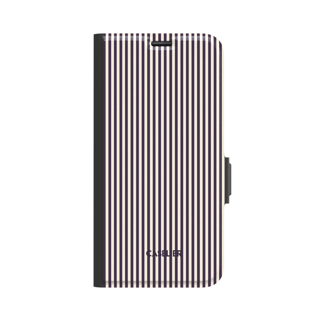 Pinstripes phone case in deep purple and off-white alternating vertical pinstripes on a glossy finish, phone case by Caselier - wallet case, front view | Caselier