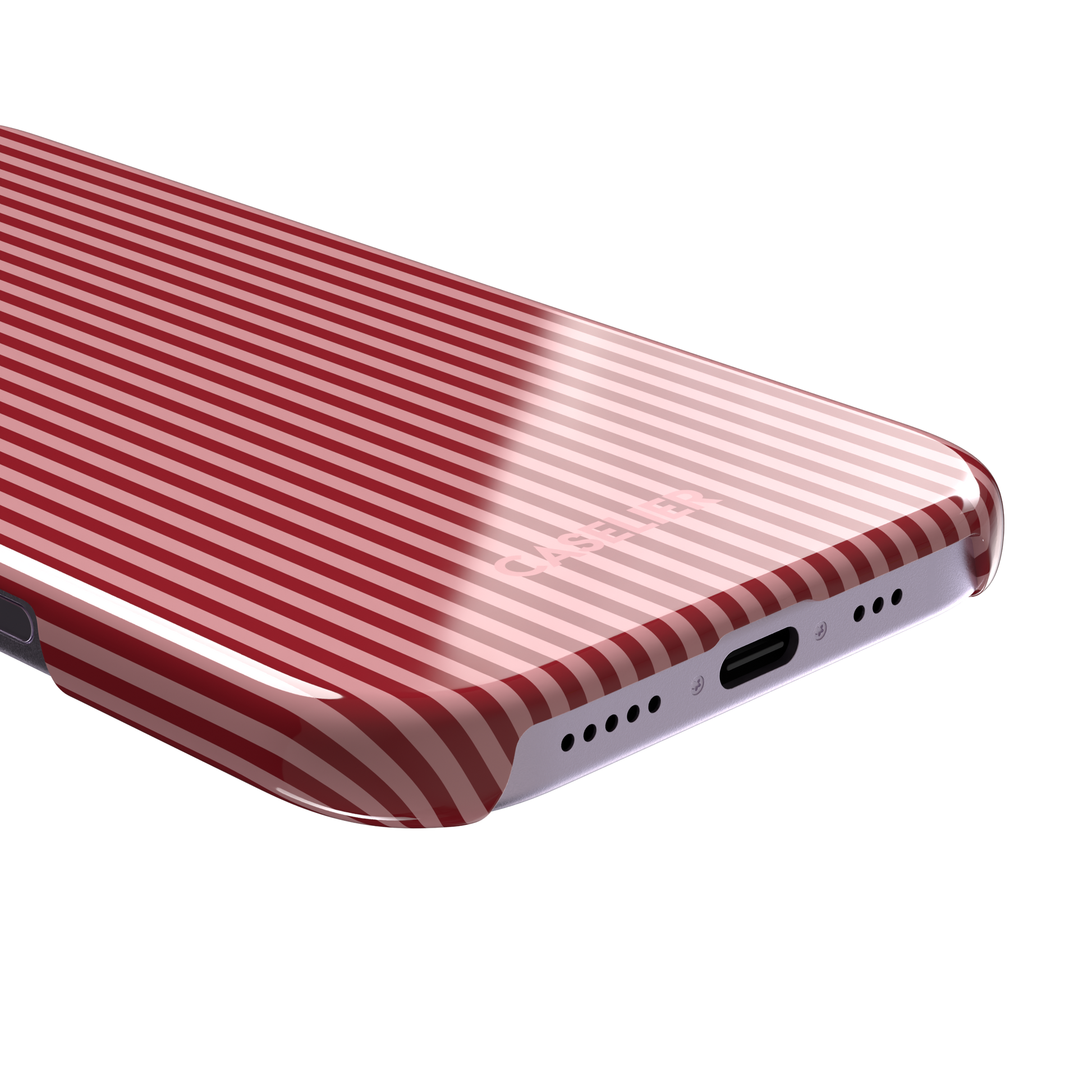 Pinstripes, vertical red and pink candy-stripe pinstripes, snap case, charging port detail, phone case by Caselier