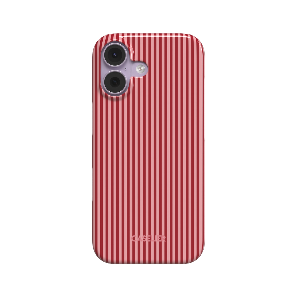 Pinstripes phone case in deep red and soft pink alternating vertical pinstripes on a glossy finish, phone case by Caselier - snap case, front view | Caselier