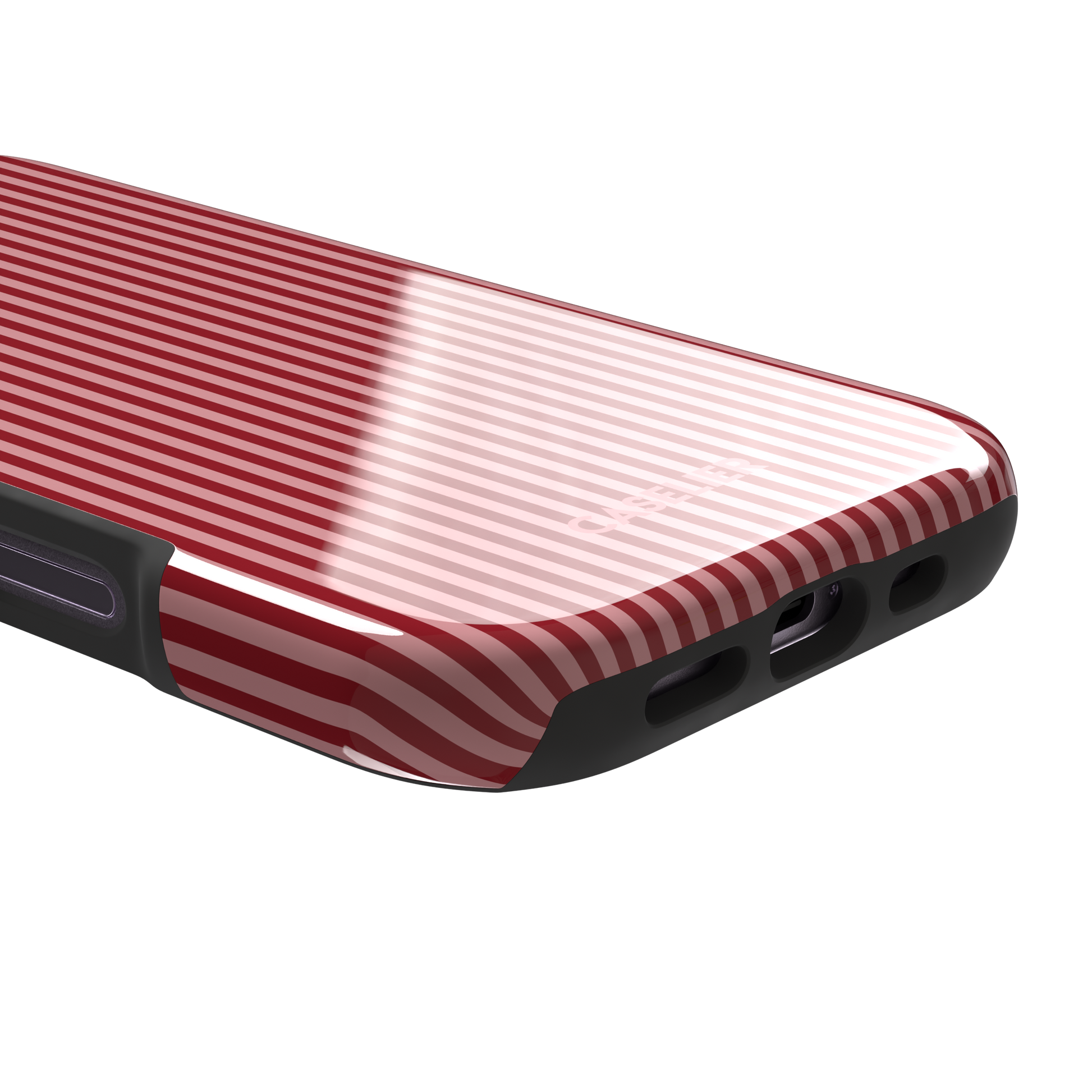 Pinstripes, vertical red and pink candy-stripe pinstripes, tough case, charging port detail, phone case by Caselier