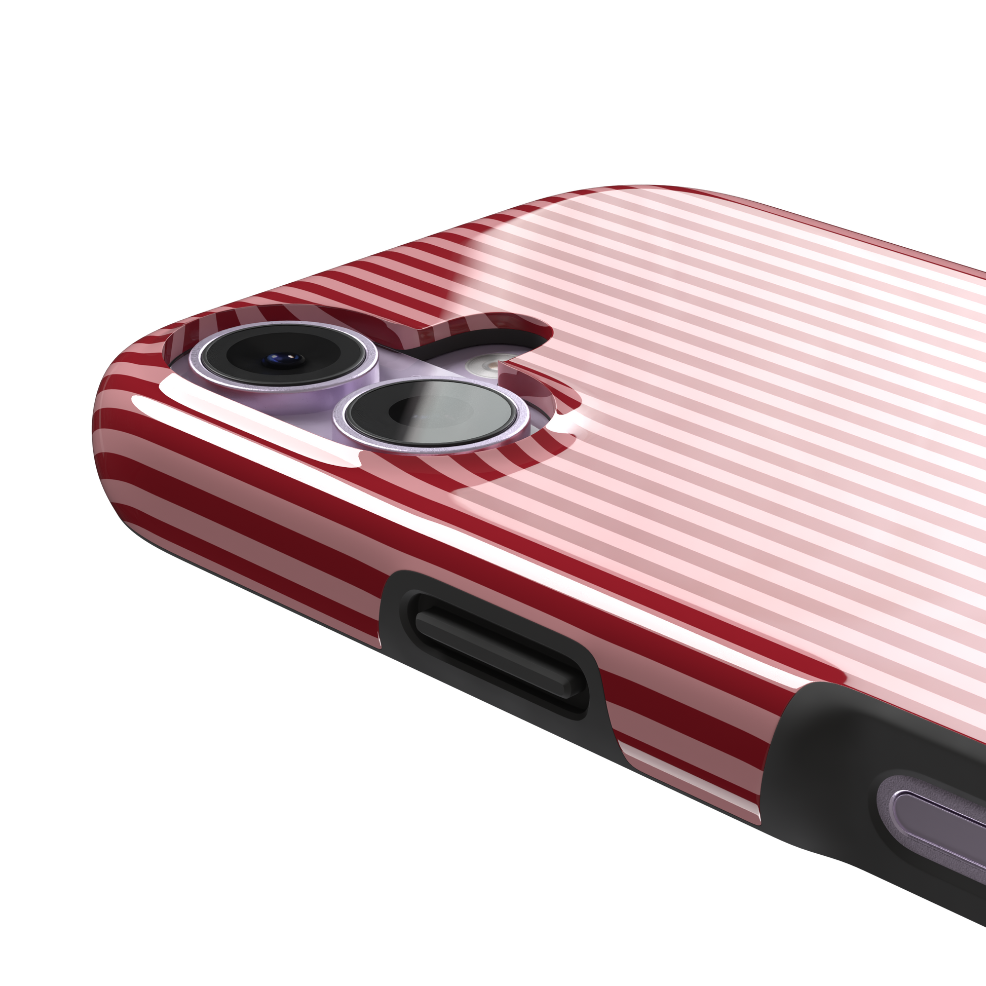 Pinstripes, vertical red and pink candy-stripe pinstripes, tough case, volume buttons detail, phone case by Caselier