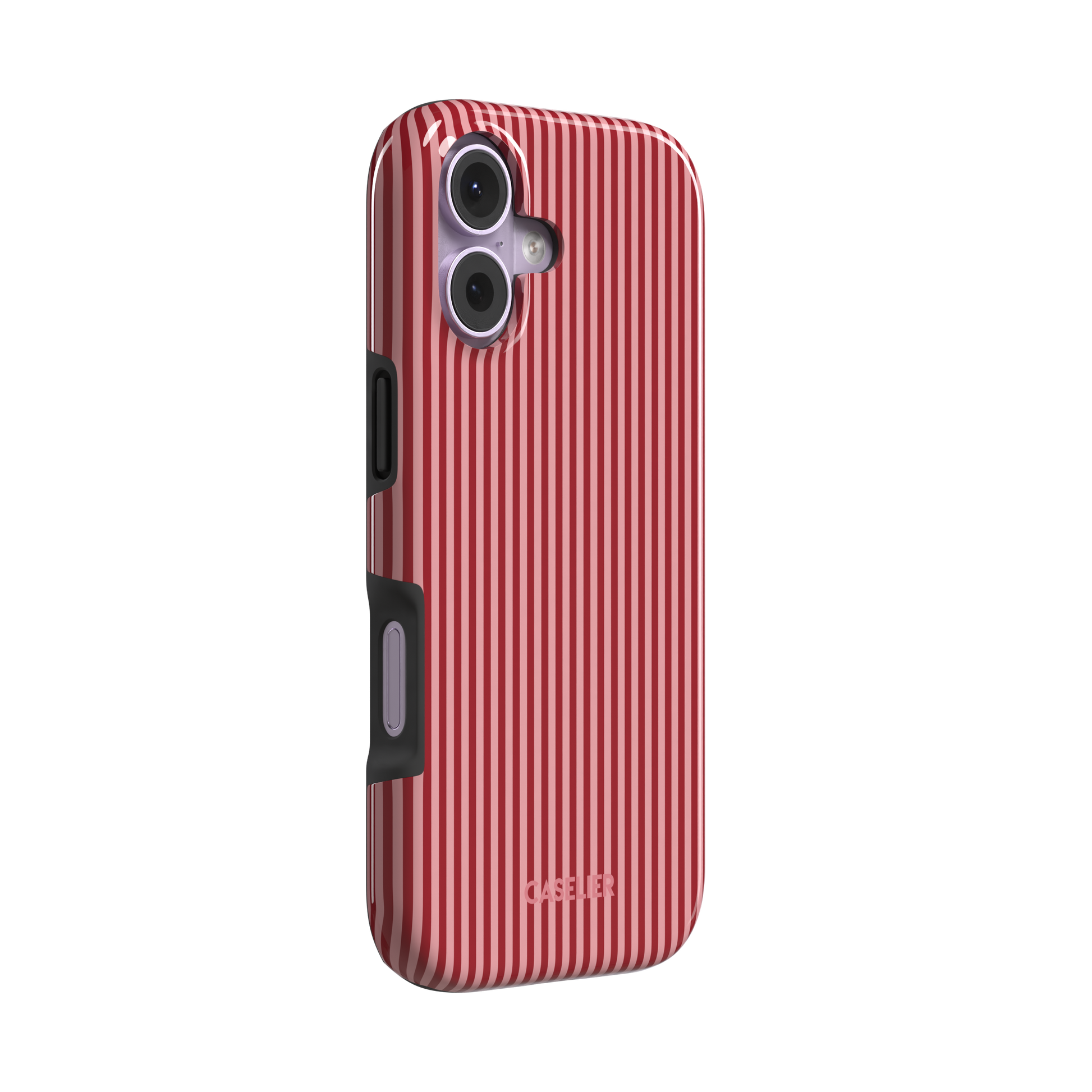 Pinstripes, vertical red and pink candy-stripe pinstripes, tough case, left view, phone case by Caselier